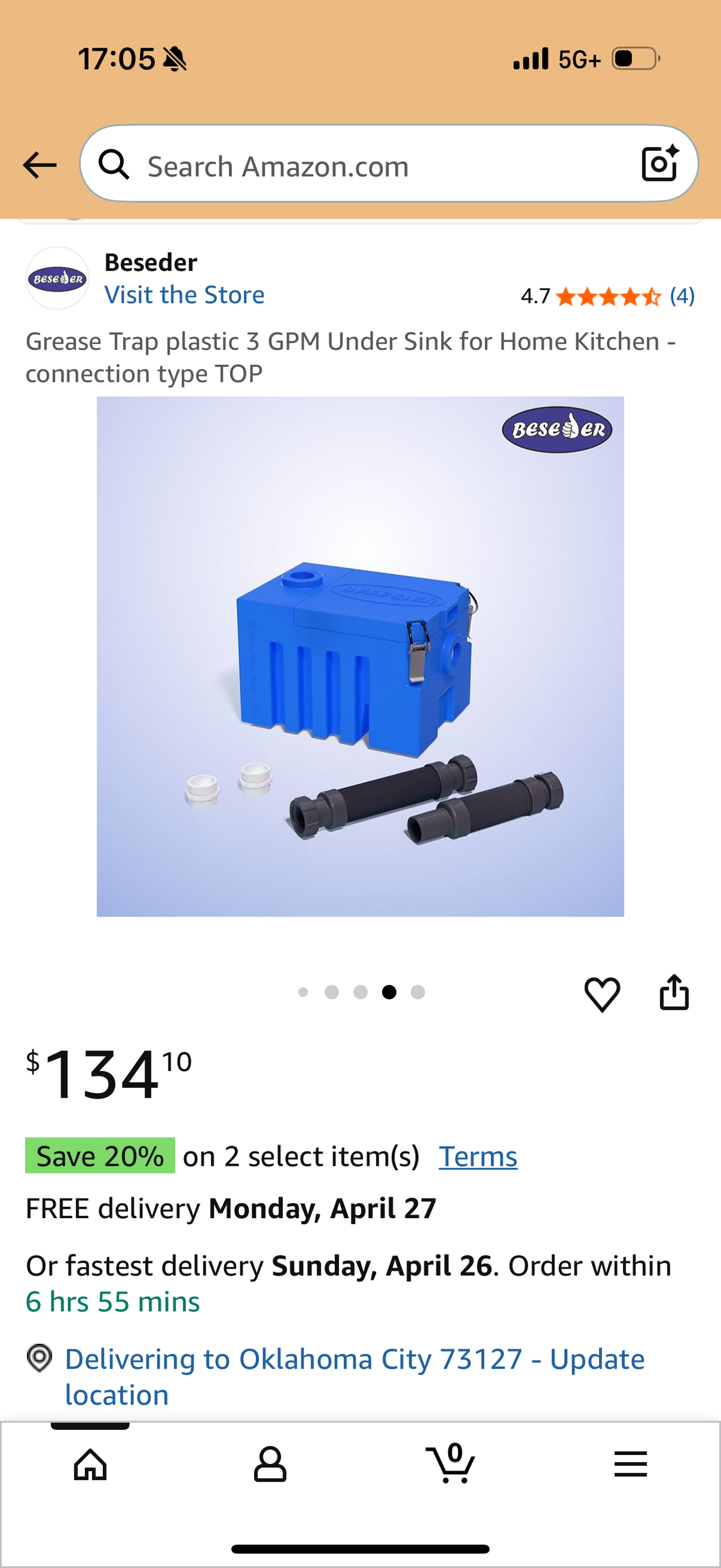 Grease Trap plastic 3 GPM Under Sink for Home Kitchen - connection type TOP