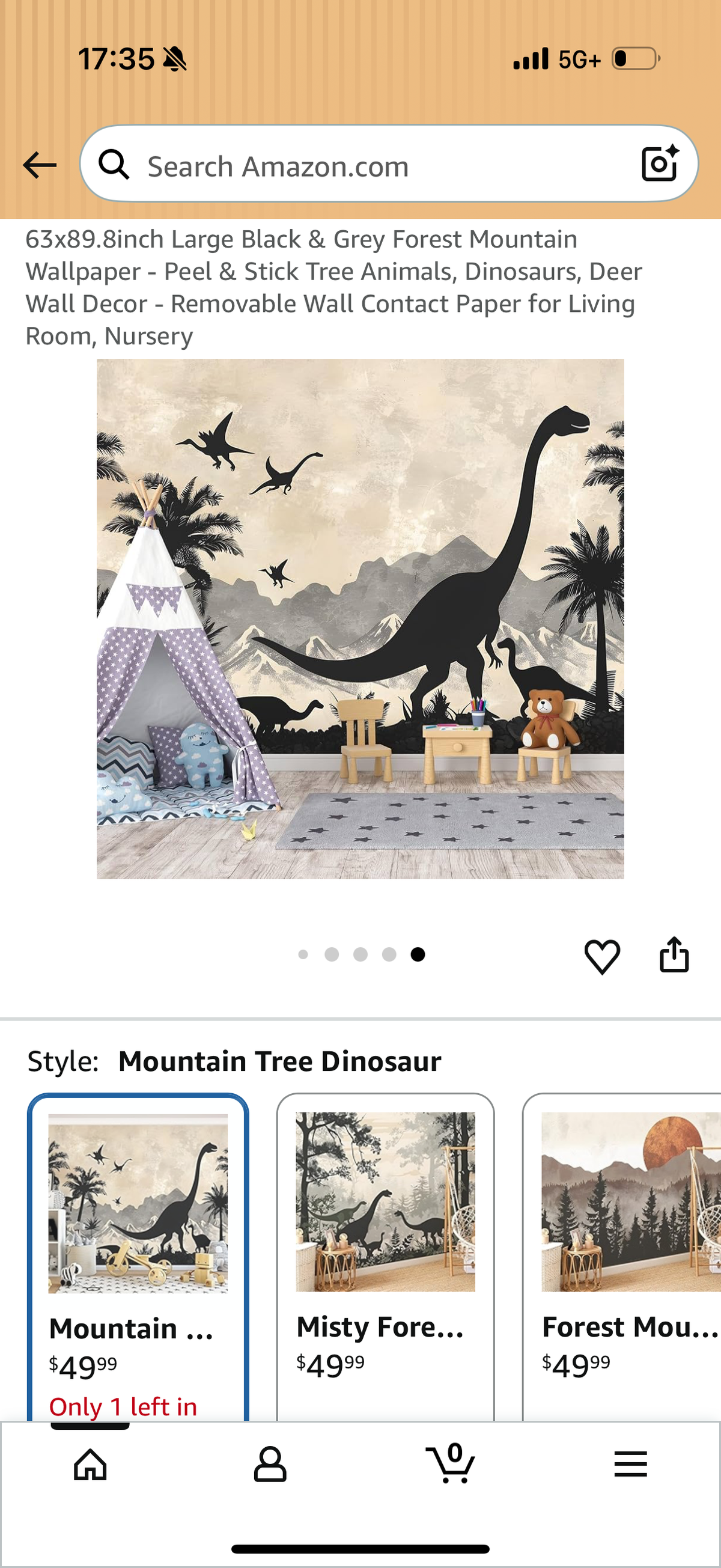 63x89.8inch Large Black & Grey Forest Mountain Wallpaper - Peel & Stick Tree Animals, Dinosaurs, Deer Wall Decor - Removable Wall Contact Paper for Living Room, Nursery