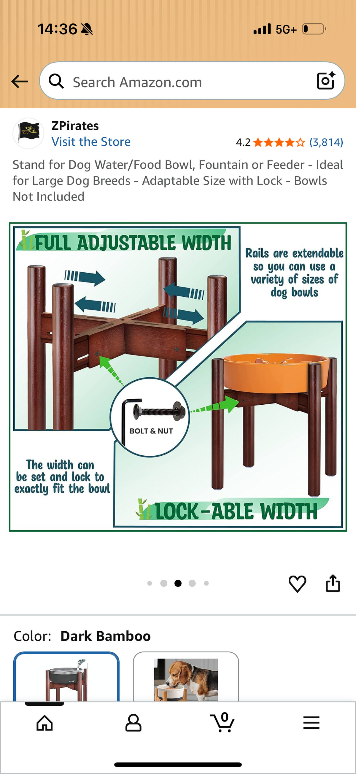 Dog Bowl Stand for Large Breed - Raise, Elevate Bowls to 14-inch High - Adjustable, Fits Any Single Pet Food/Water Feeders and Fountains - Durable Bamboo