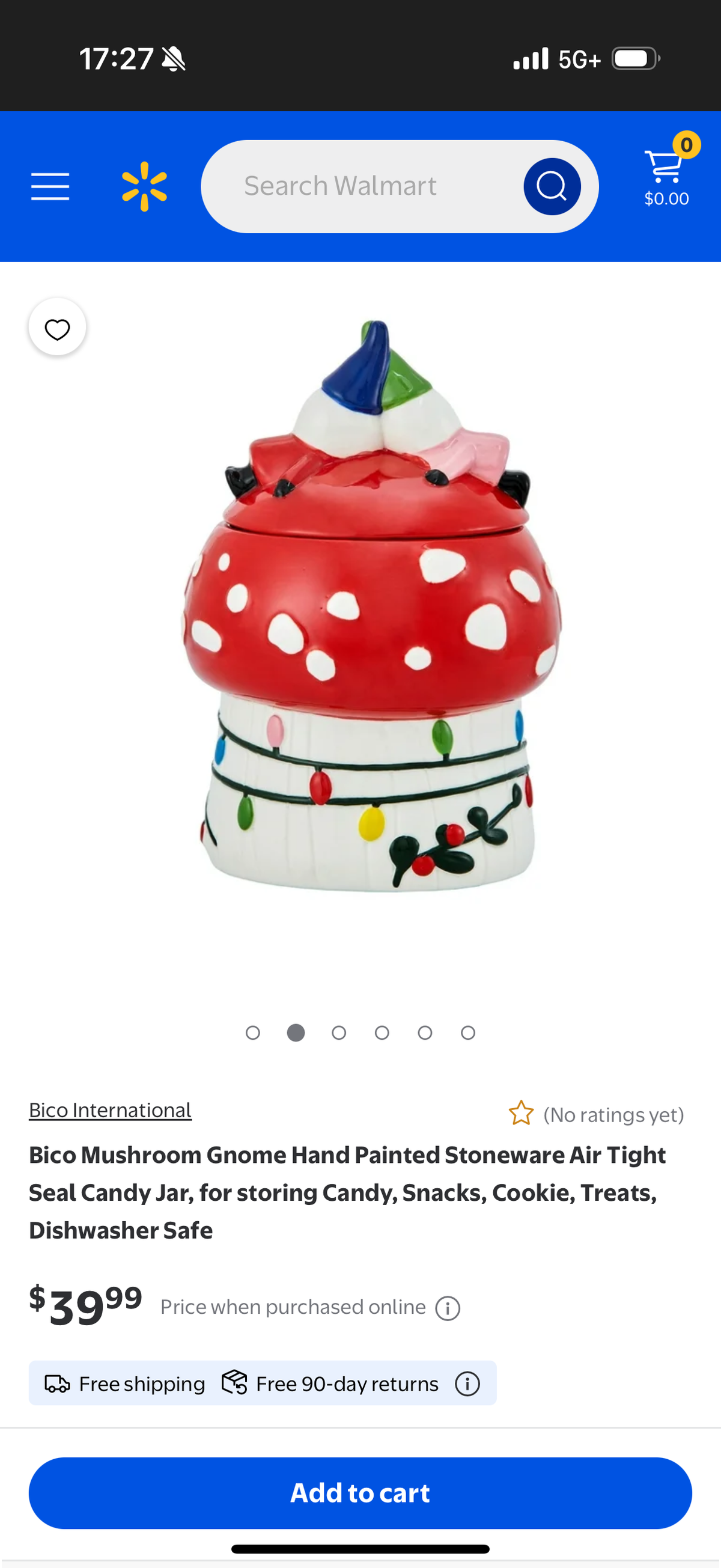 Bico Mushroom Gnome Hand Painted Stoneware Air Tight Seal Candy Jar, for storing Candy, Snacks, Cookie, Treats, Dishwasher Safe