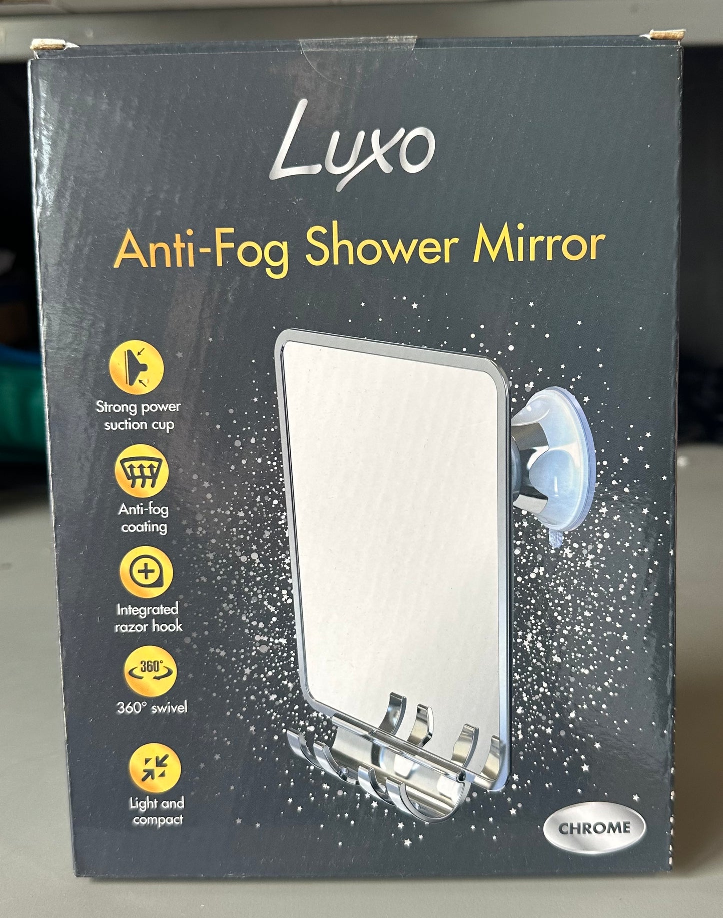 Luxo Shower Mirror, Fogless Shower Mirror for Shaving with a Removable Razor Holder, Powerful Suction Cup, Shatterproof fogless Mirror(Chrome)