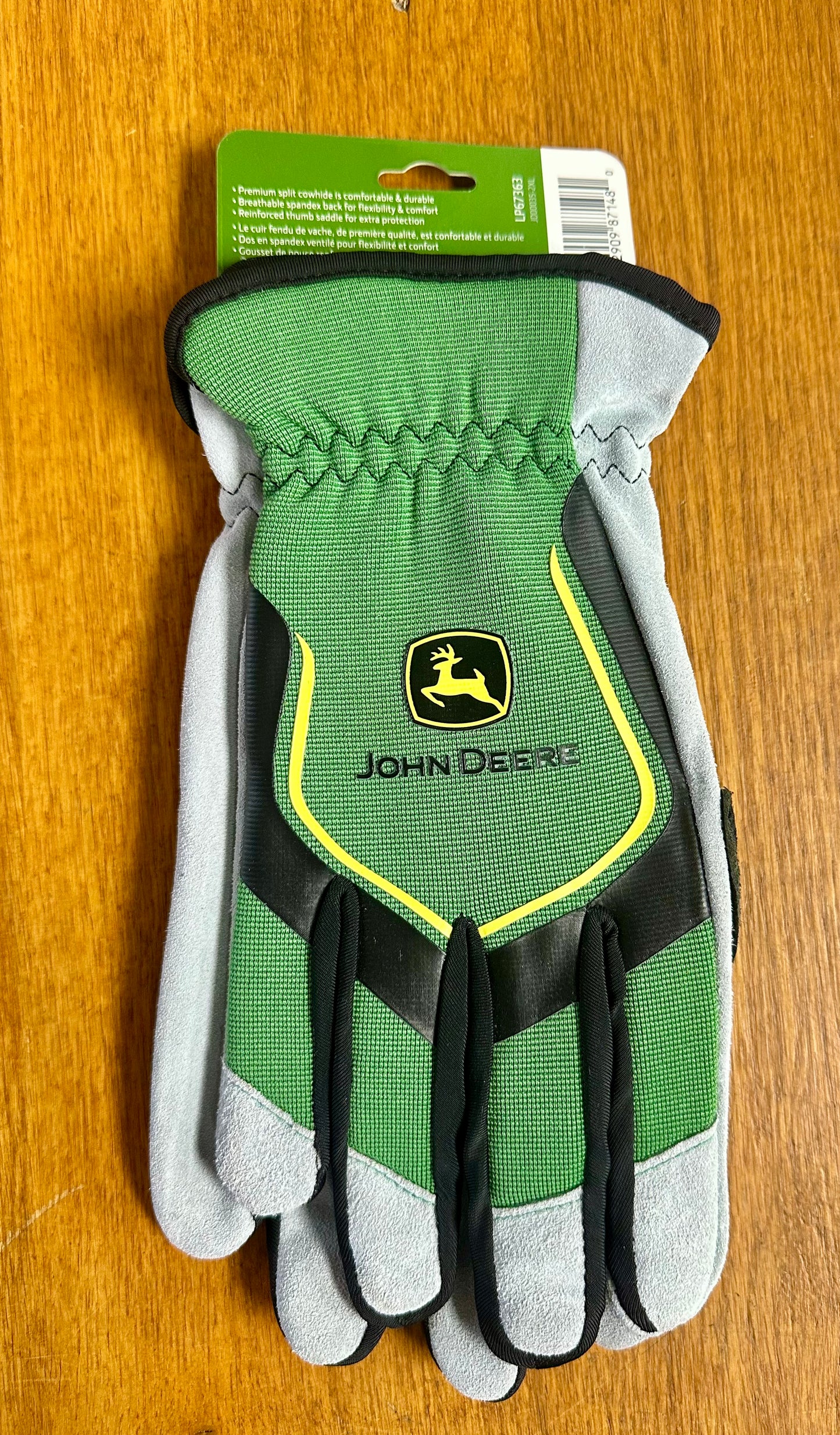 John Deere Men's Split Cowhide Leather Palm Gloves, Cut Resistant, Keystone Thumb, Flexible Fit, Green/Black (Size 2X)