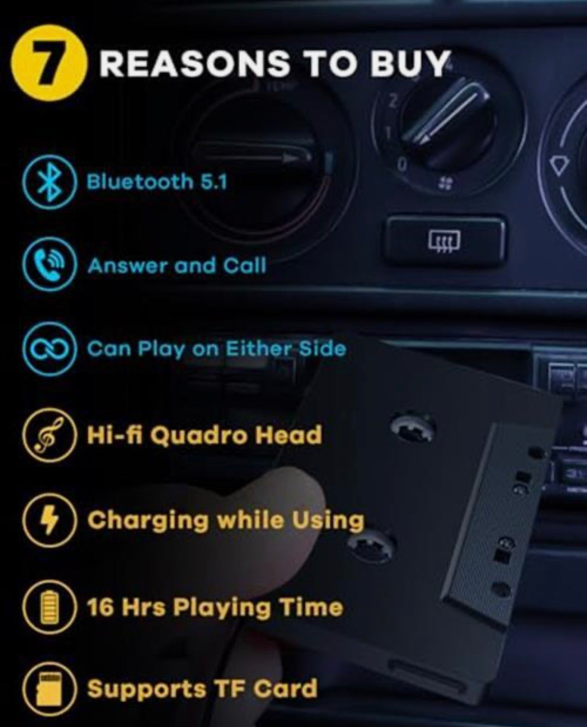 zeesean Car Bluetooth 5.1 Cassette Adapter Support TF Card, Wireless Cassette Aux Adapter, Car Audio Bluetooth Receiver, Tape Player Adapter for Vehicle, Small
