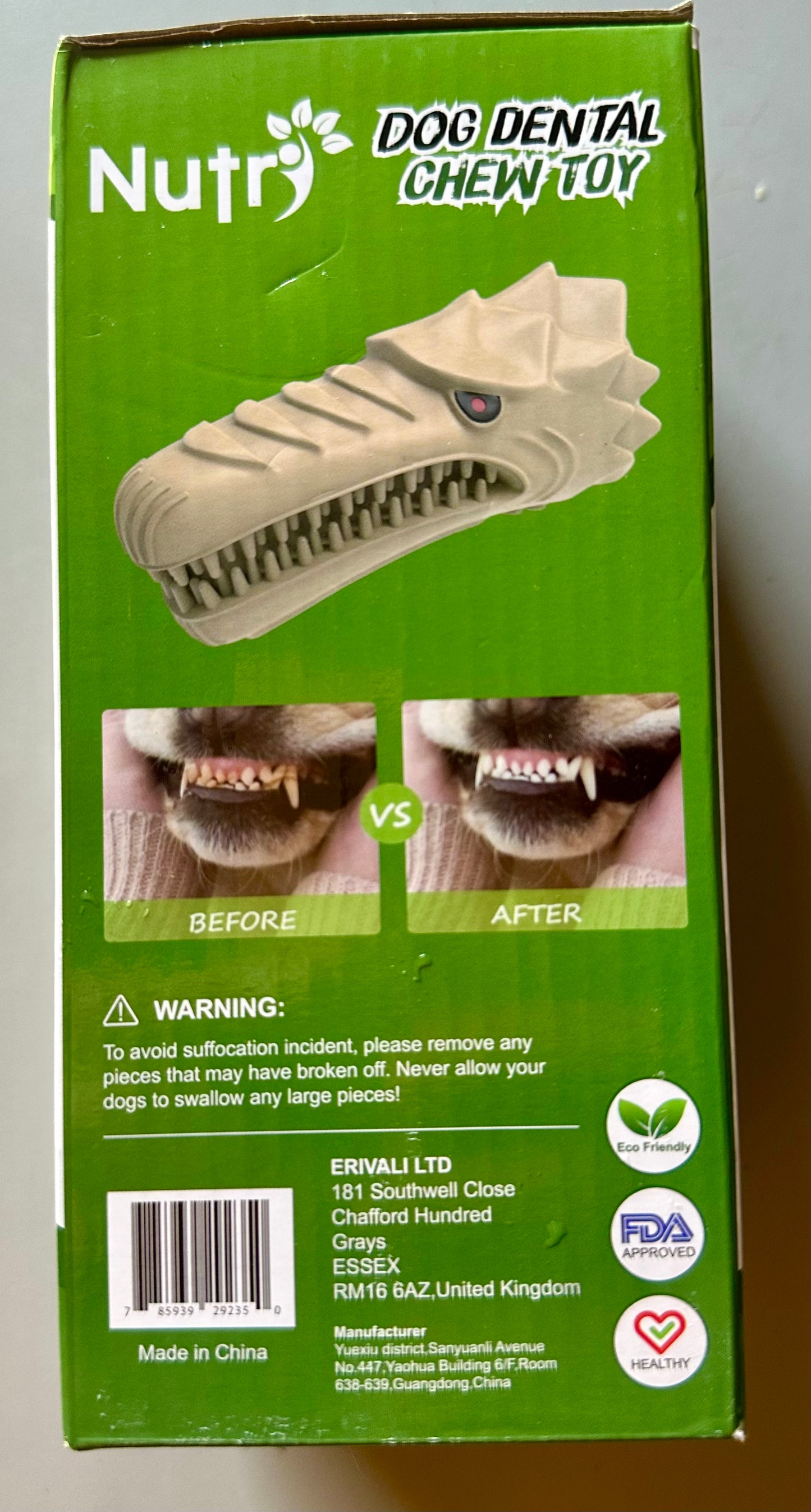 Nutro Dog Dental Chew Toy Eco-Friendly Rubber Toothbrush Squeaker - New in Box