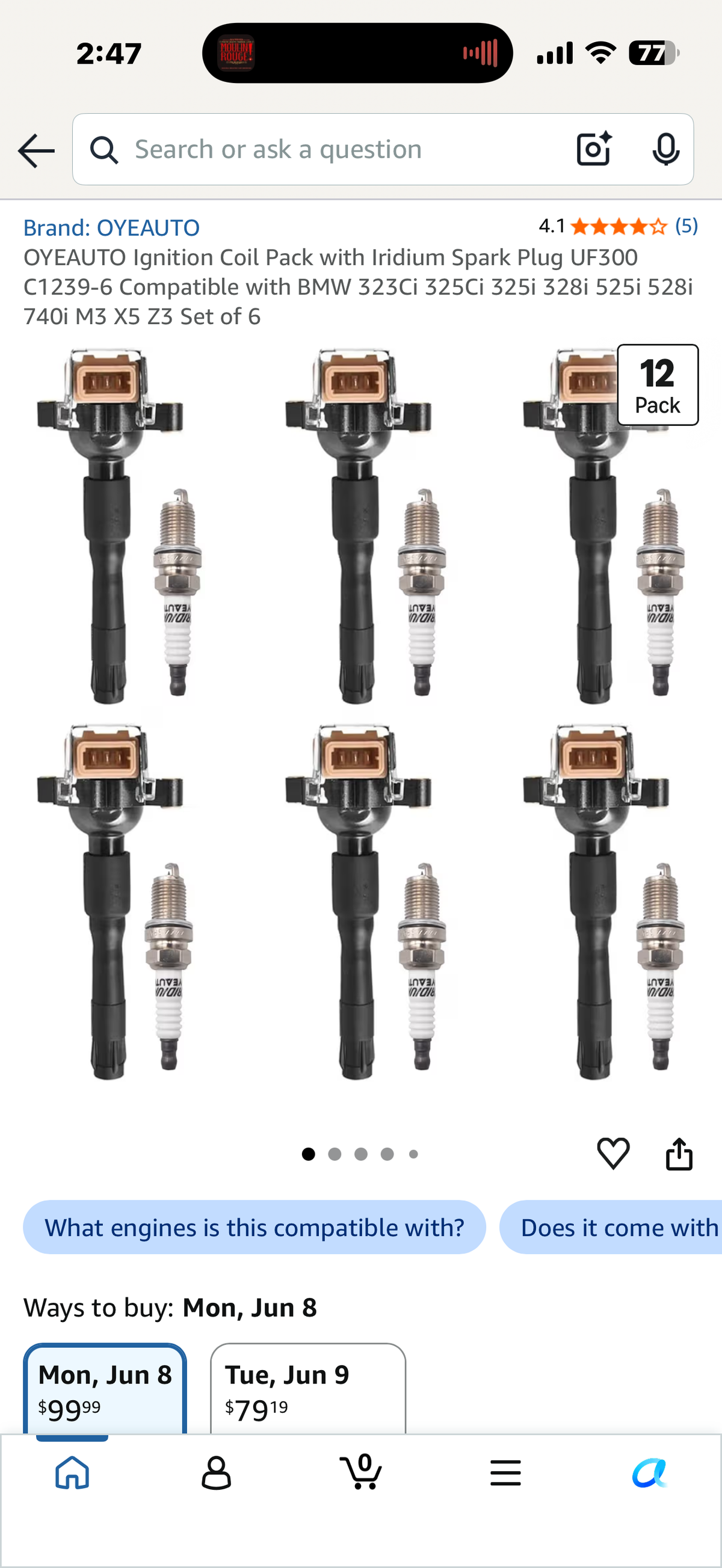 OYEAUTO Ignition Coil Pack with Iridium Spark Plug UF300 C1239-6 Compatible with BMW 323Ci 325Ci 325i 328i 525i 528i 740i M3 X5 Z3 Set of 6