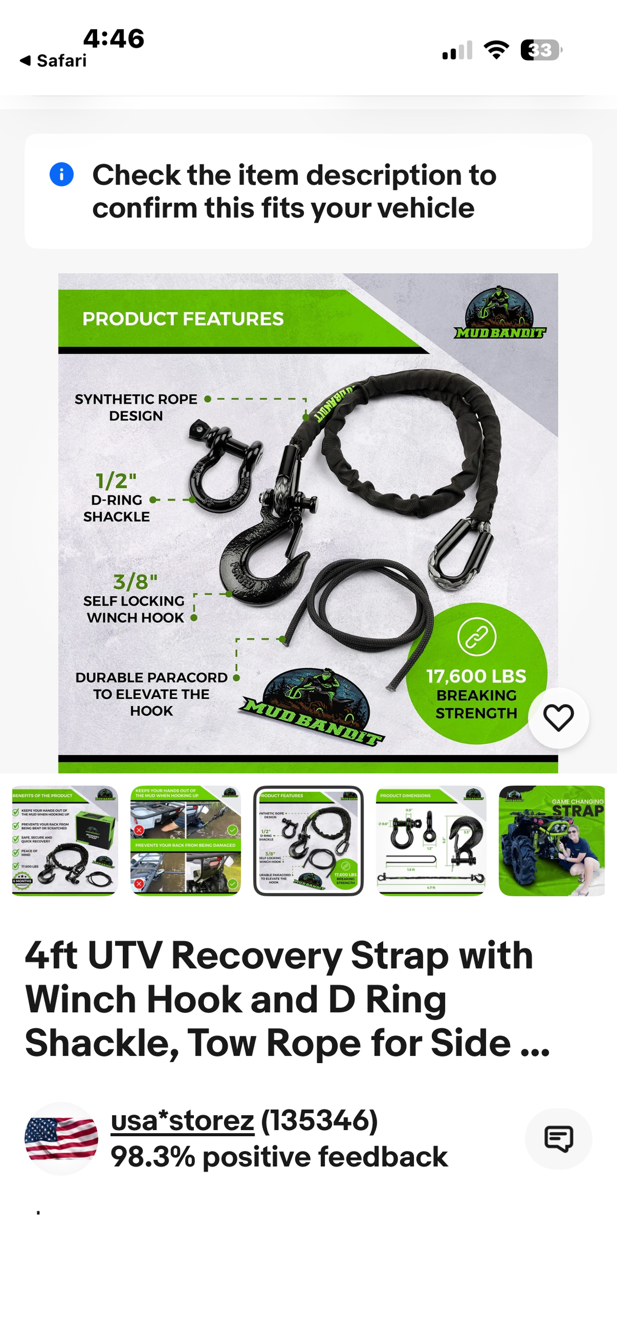 Mud Bandit 4ft UTV Recovery Strap with Winch Hook and D Ring Shackle Tow Rope