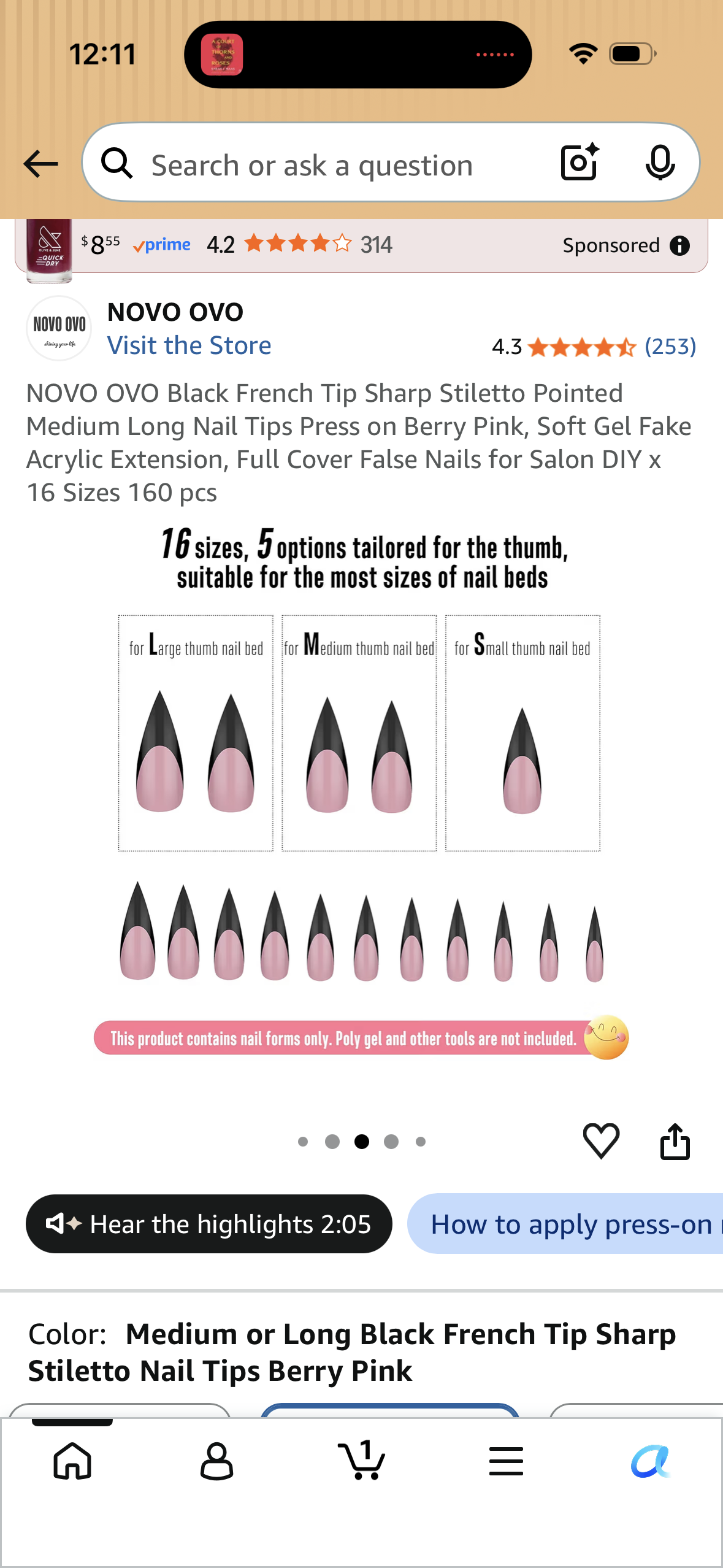 NOVO OVO Black French Tip Sharp Stiletto Pointed Medium Long Nail Tips Press on Berry Pink, Soft Gel Fake Acrylic Extension, Full Cover False Nails for Salon DIY x 16 Sizes 160 pcs