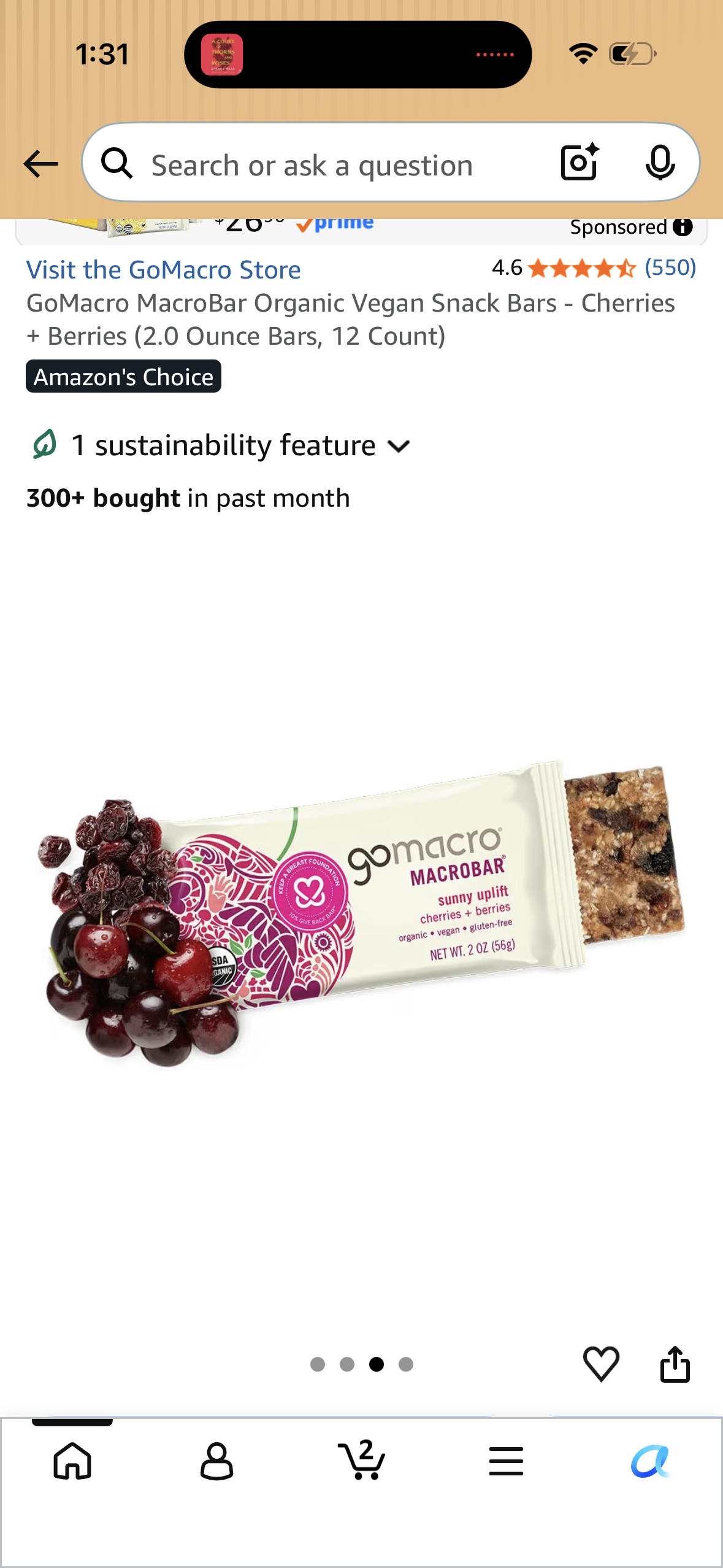 GoMacro MacroBar Organic Vegan Snack Bars - Cherries + Berries (2.0 Ounce Bars, 12 Count) Best by 09/10/2026