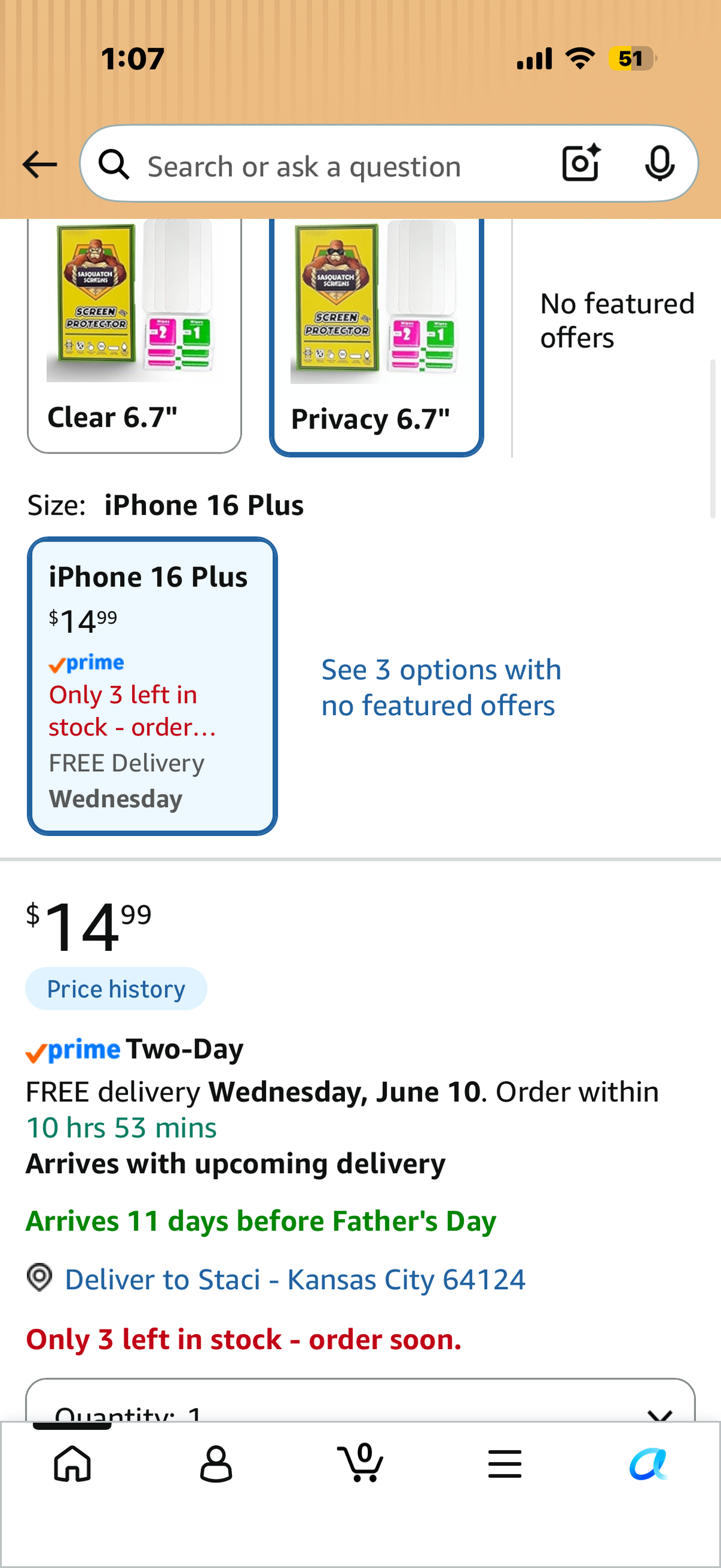 Sasquatch Screens Screen Protectors (3 Pack) (Privacy 6.7", Compatible with iPhone 16 Plus)