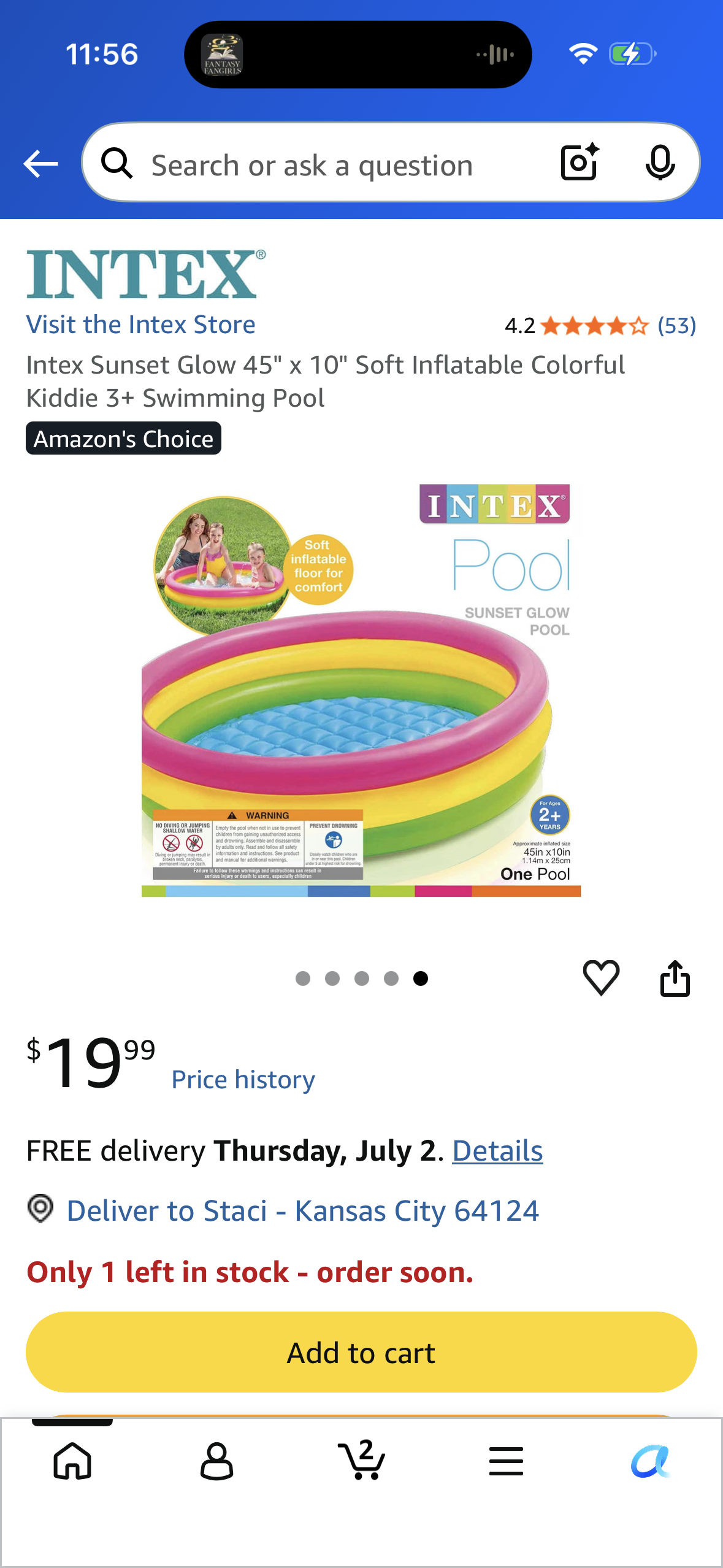 Intex Sunset Glow 45" x 10" Soft Inflatable Colorful Kiddie 3+ Swimming Pool