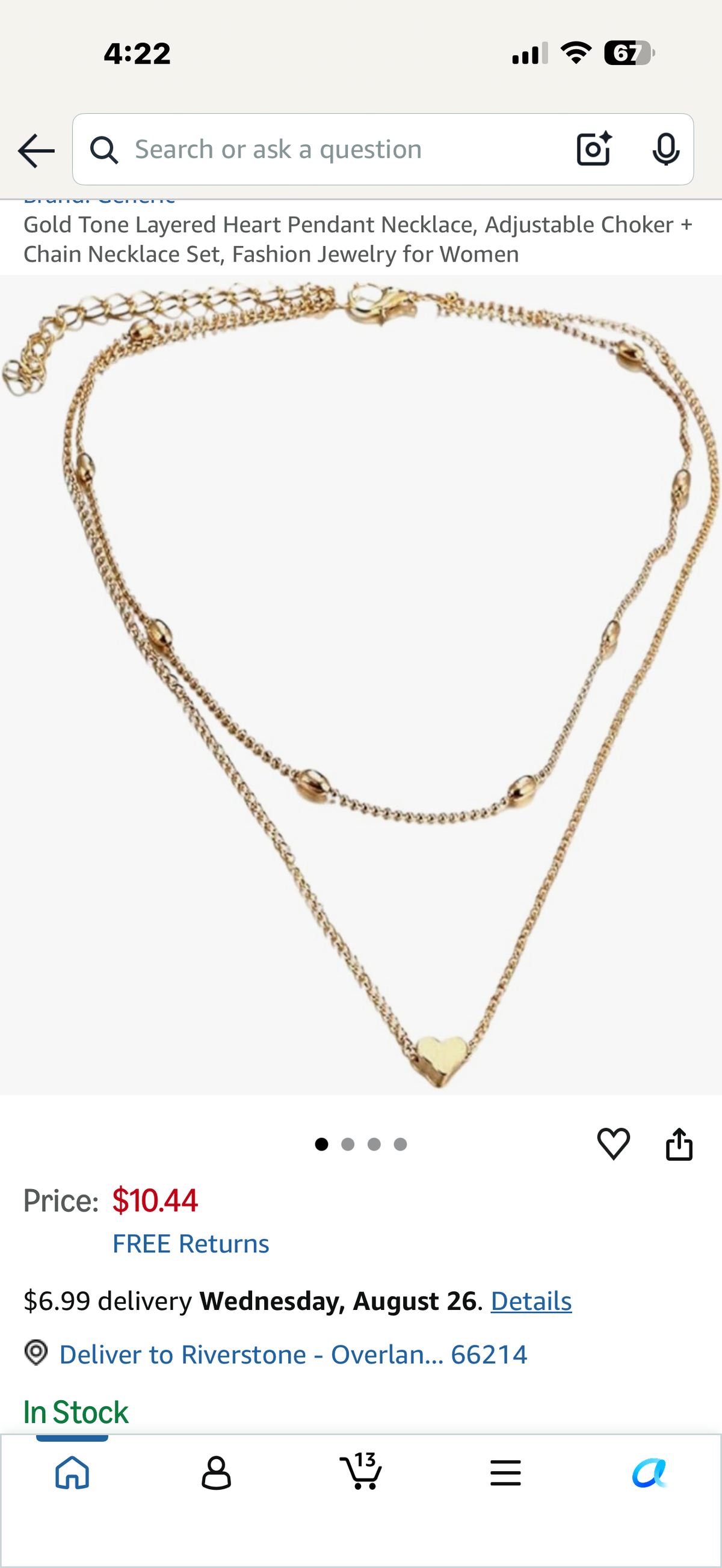 Gold Tone Layered Heart Pendant Necklace, Adjustable Choker + Chain Necklace Set, Fashion Jewelry for Women