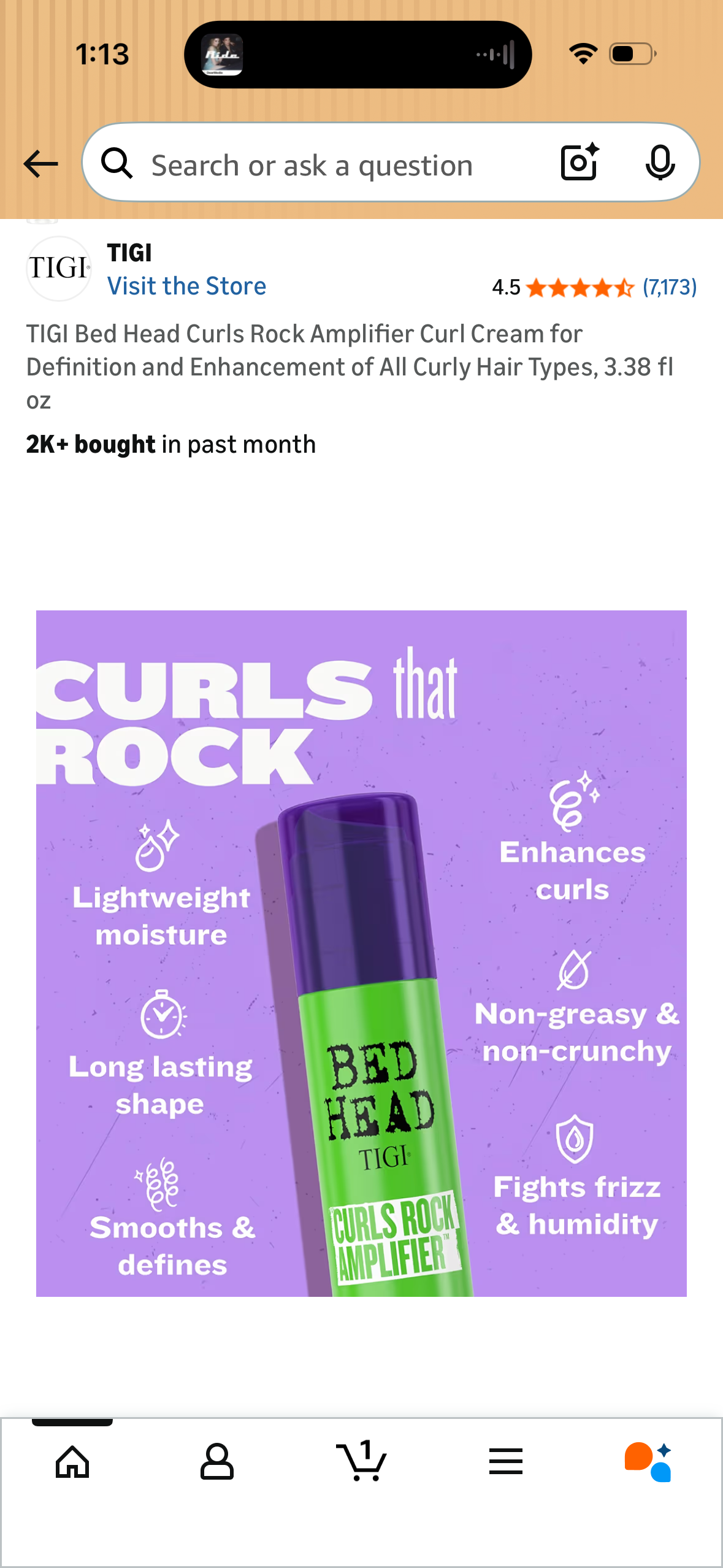 TIGI Bed Head Curls Rock Amplifier Curl Cream for Definition and Enhancement of All Curly Hair Types, 3.38 fl oz