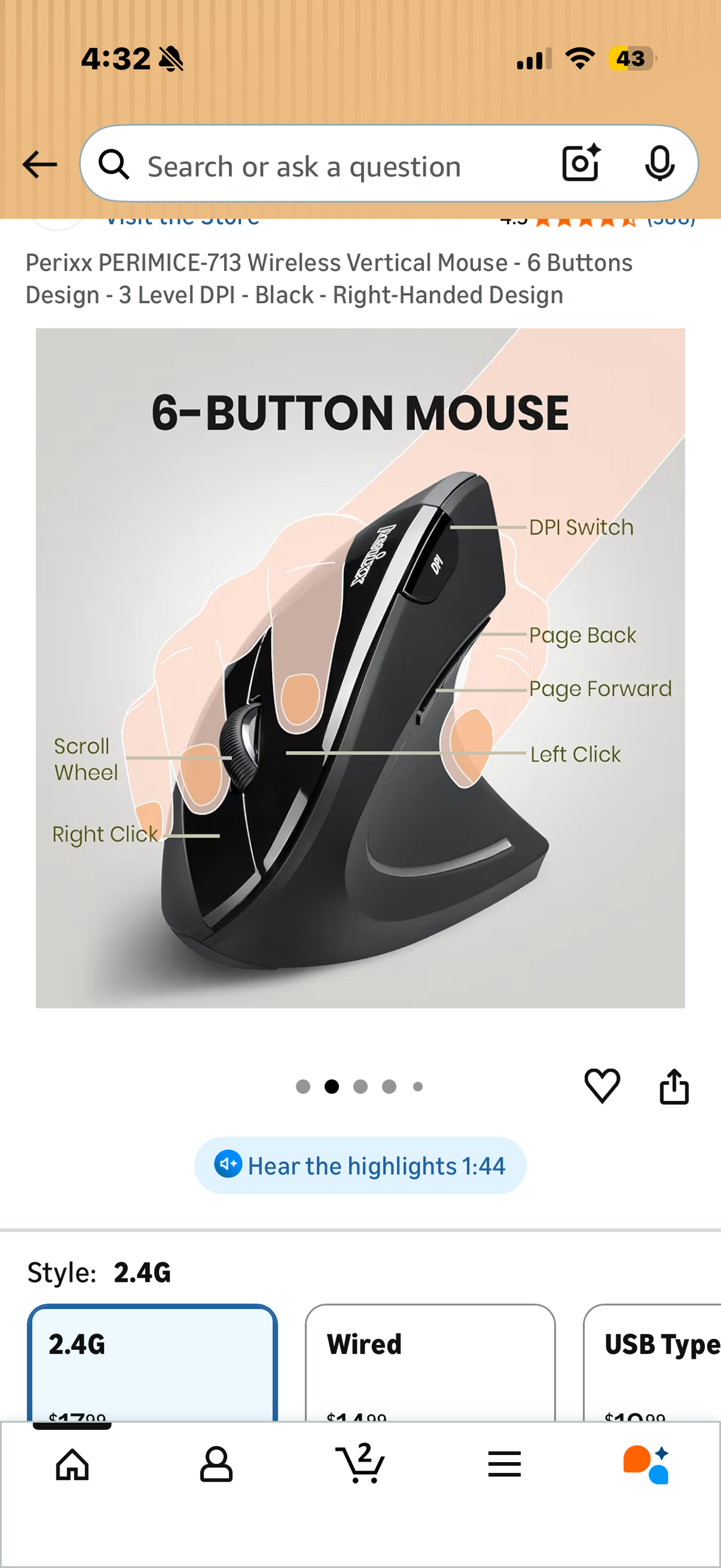 Perixx PERIMICE-713 Wireless Vertical Mouse - 6 Buttons Design - 3 Level DPI - Black - Right-Handed Design