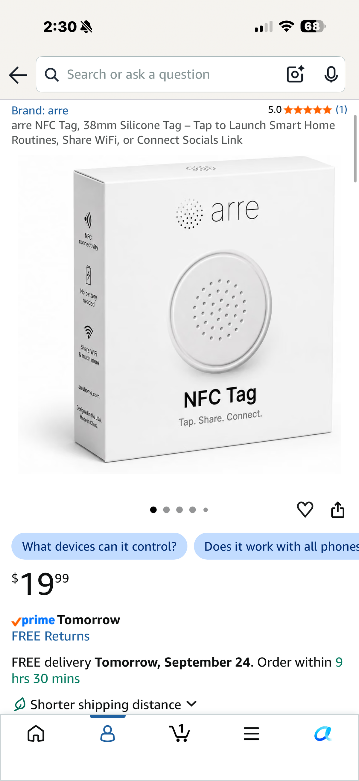 arre NFC Tag, 38mm Silicone Tag – Tap to Launch Smart Home Routines, Share WiFi, or Connect Socials Link