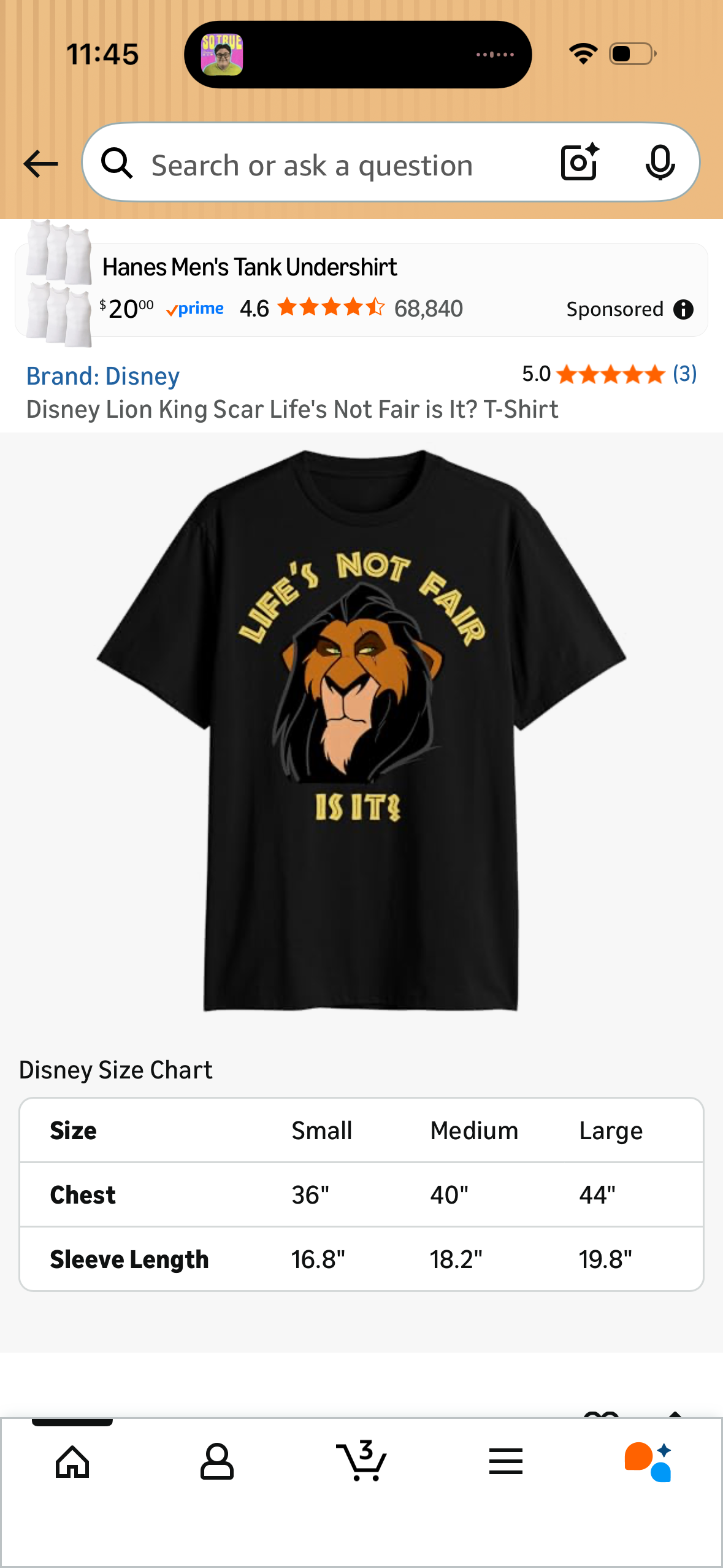 Disney Lion King Scar Life's Not Fair is It? T-Shirt (Size Small)