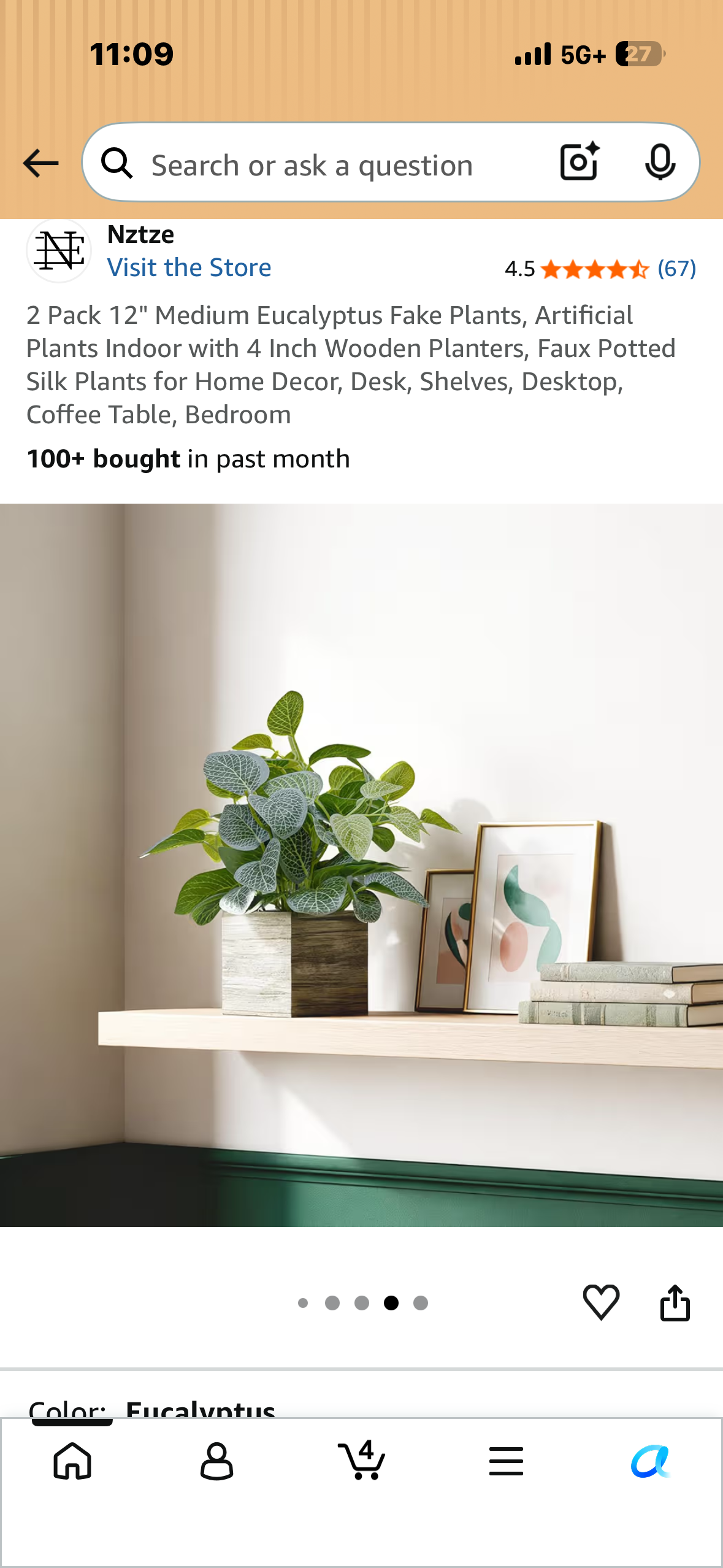 2 Pack, 12" Medium Eucalyptus Artificial Plants with 4 Inch Wooden Planters, Faux Potted Silk Plants for Home Decor, Desk, Shelves, Desktop, Coffee Table, Bedroom