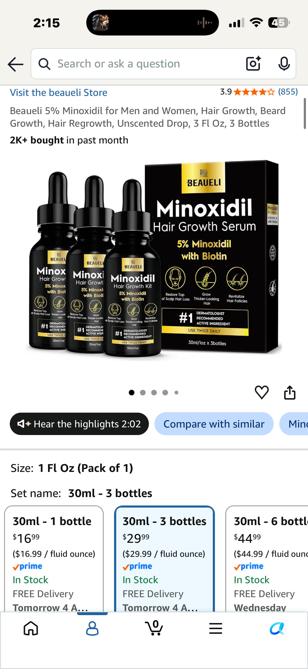 Beaueli 5% Minoxidil for Men and Women, Hair Growth, Beard Growth, Hair Regrowth, Unscented Drop, 3 Fl Oz, 3 Bottles