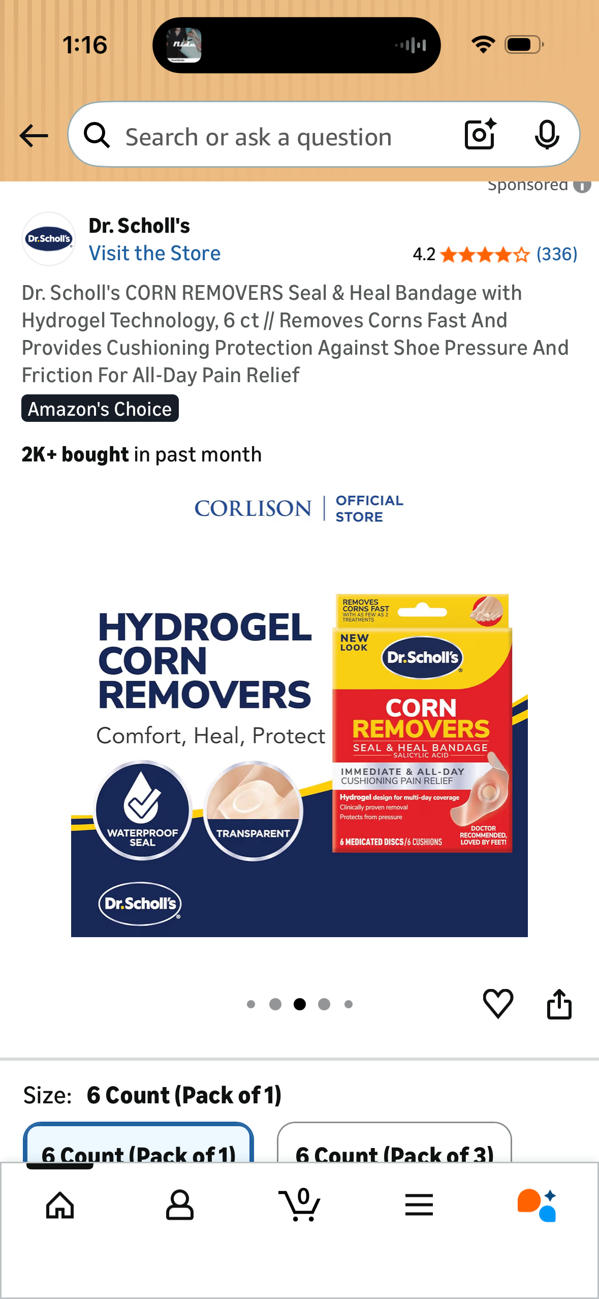 Dr. Scholl's CORN REMOVERS Seal & Heal Bandage with Hydrogel Technology, 6 ct // Removes Corns Fast And Provides Cushioning Protection Against Shoe Pressure And Friction For All-Day Pain Relief
