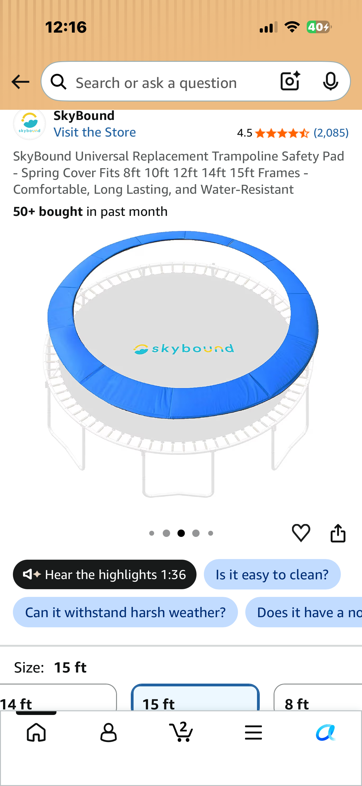 SkyBound Universal Replacement Trampoline Safety Pad - Spring Cover Fits 15’ Frames - Comfortable, Long Lasting, and Water-Resistant