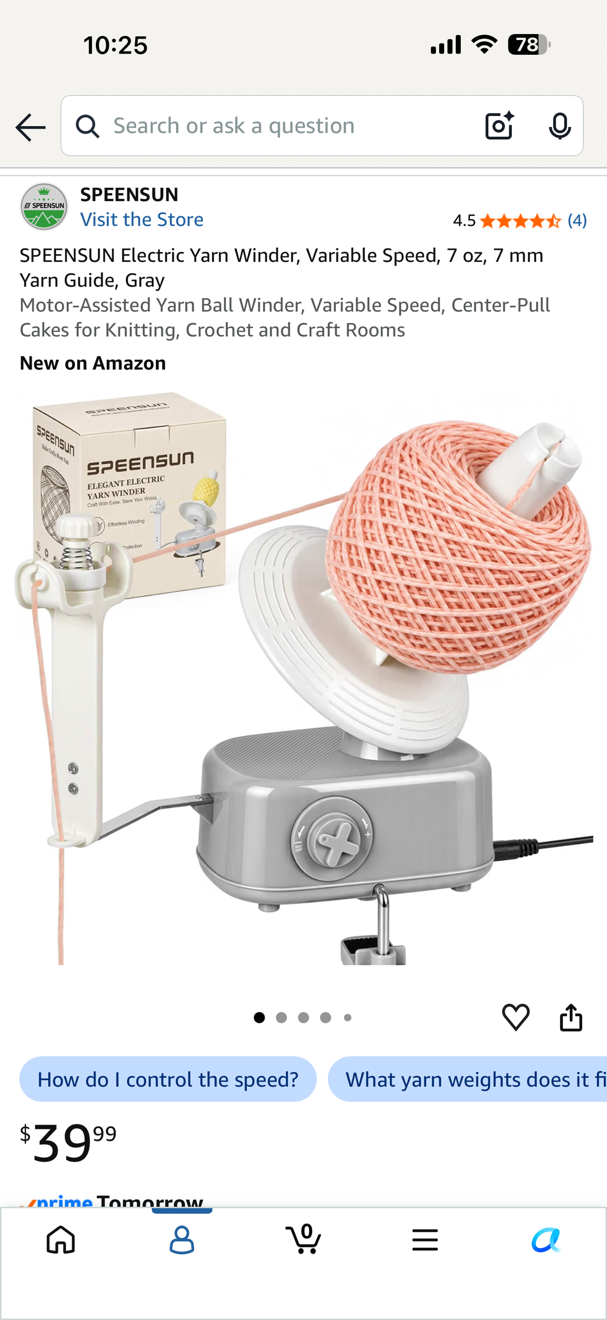 SPEENSUN Electric Yarn Winder, Variable Speed, 7 oz, 7 mm Yarn Guide, Gray