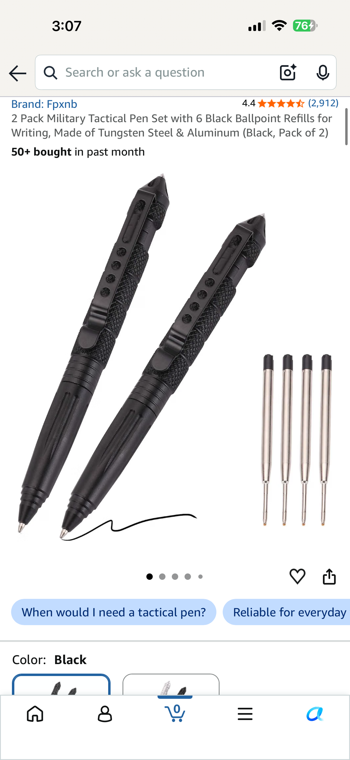 2 Pack Military Tactical Pen Set with 6 Black Ballpoint Refills for Writing, Made of Tungsten Steel & Aluminum (Black, Pack of 2)
