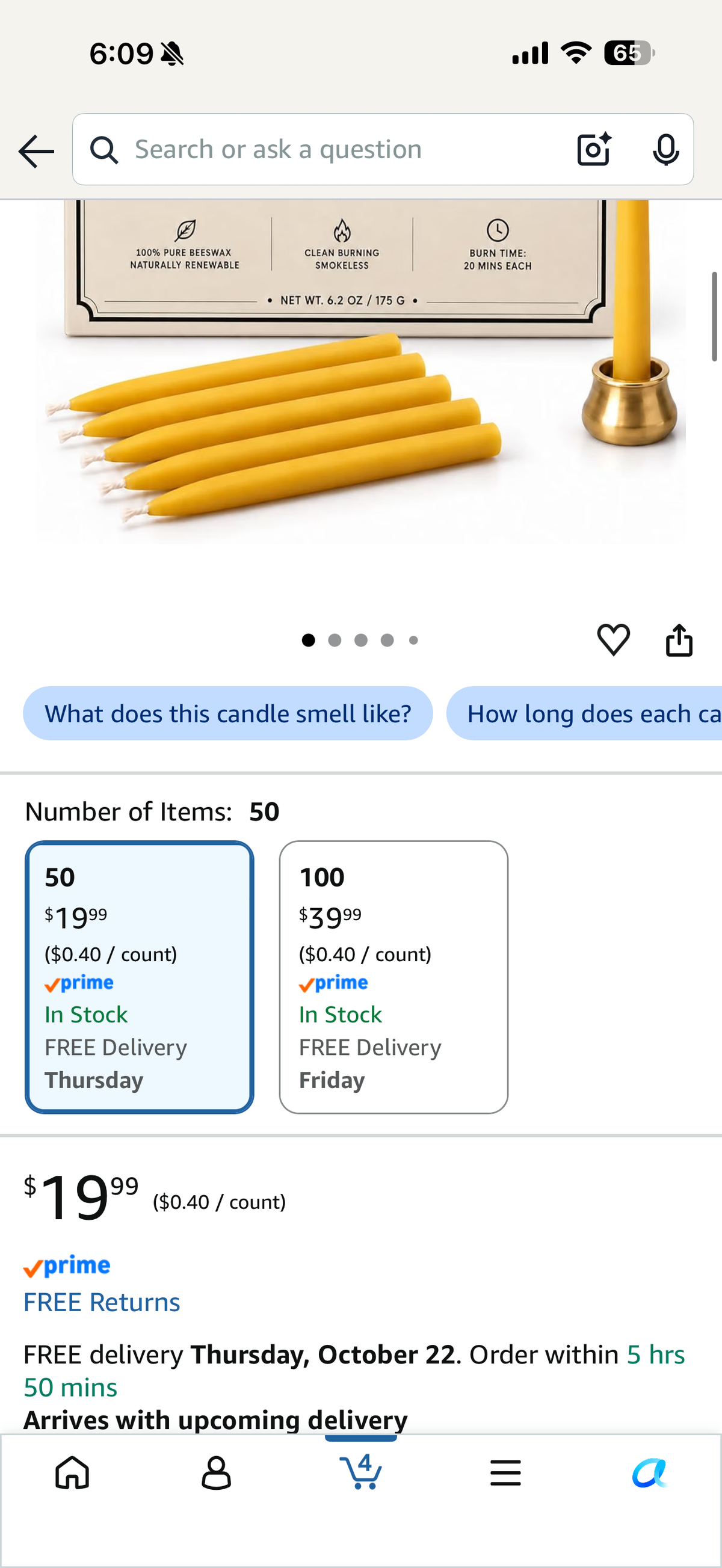 Beeswax Meditation Candles 50pcs 20-Minute Short Unscented Taper