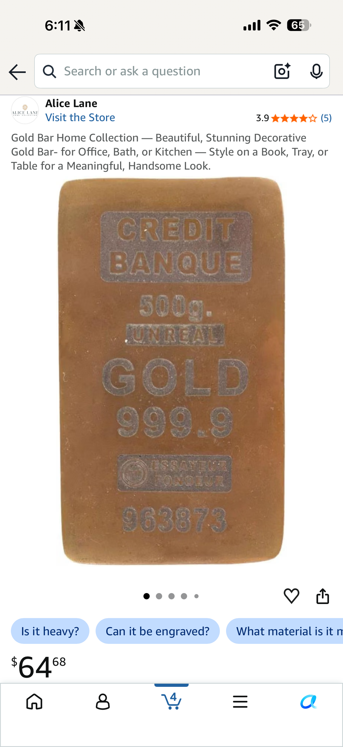 Gold Bar Home Collection — Beautiful, Stunning Decorative Gold Bar- for Office, Bath, or Kitchen — Style on a Book, Tray, or Table for a Meaningful, Handsome Look.