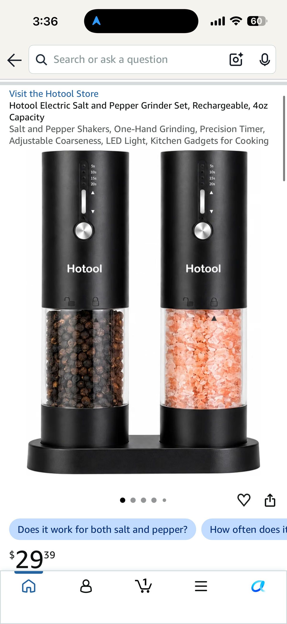 Hotool Electric Salt and Pepper Grinder Set, Rechargeable, 4oz Capacity