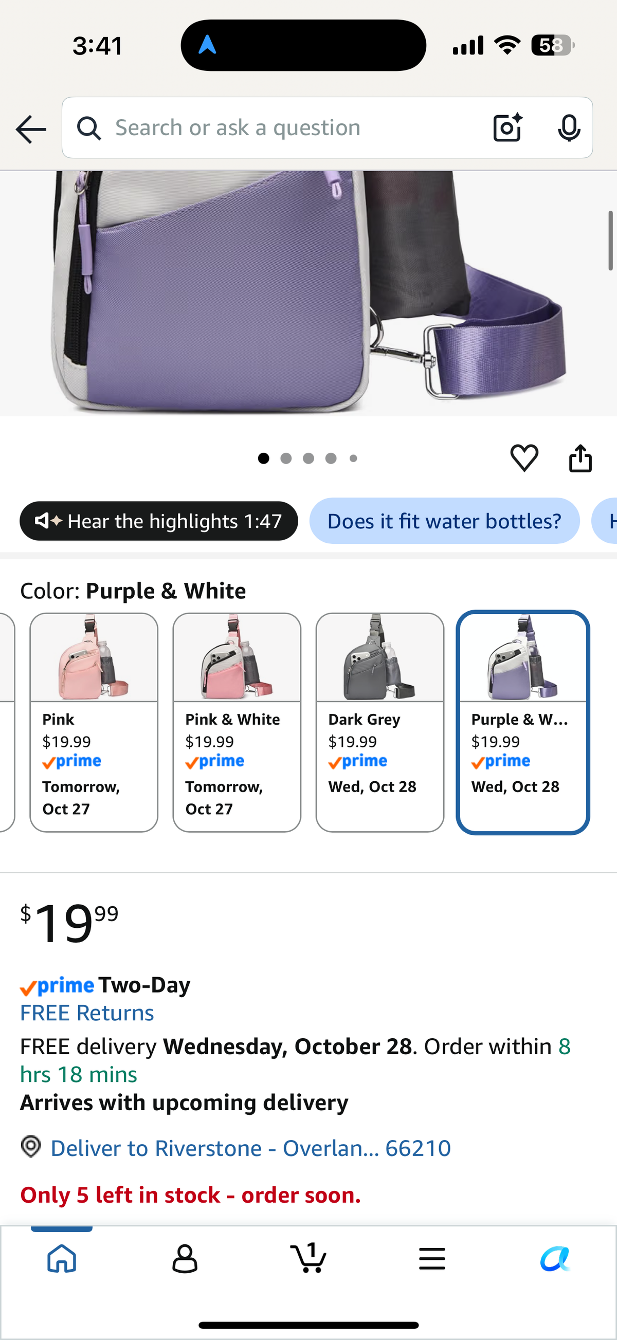 Crossbody Bag for Women Men, Water-Repellent Anti-Theft Sling Bag (Purple/White)