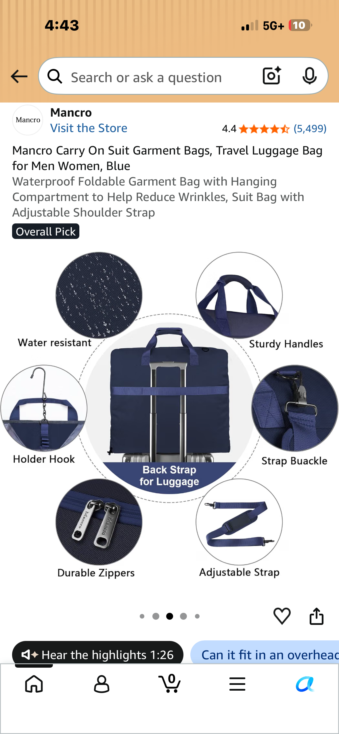 Mancro Carry On Suit Garment Bag, Black Waterproof Foldable Garment Bag with Hanging Compartment to Help Reduce Wrinkles, Suit Bag with Adjustable Shoulder Strap