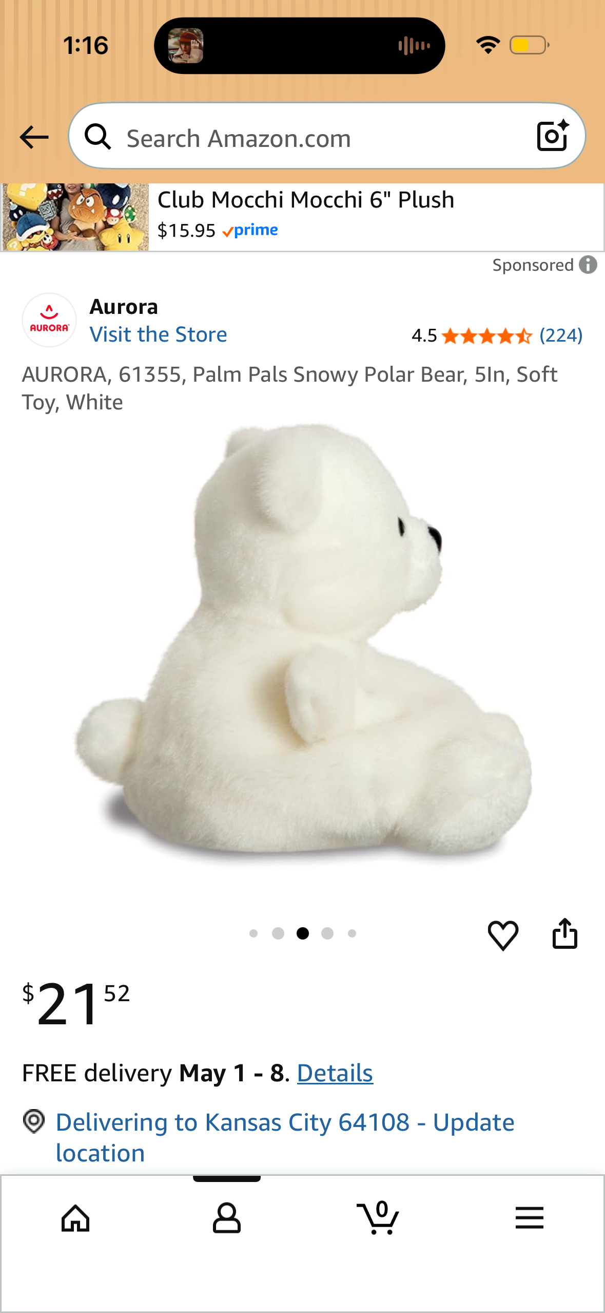 AURORA, 61355, Palm Pals Snowy Polar Bear, 5In, Soft Toy, White