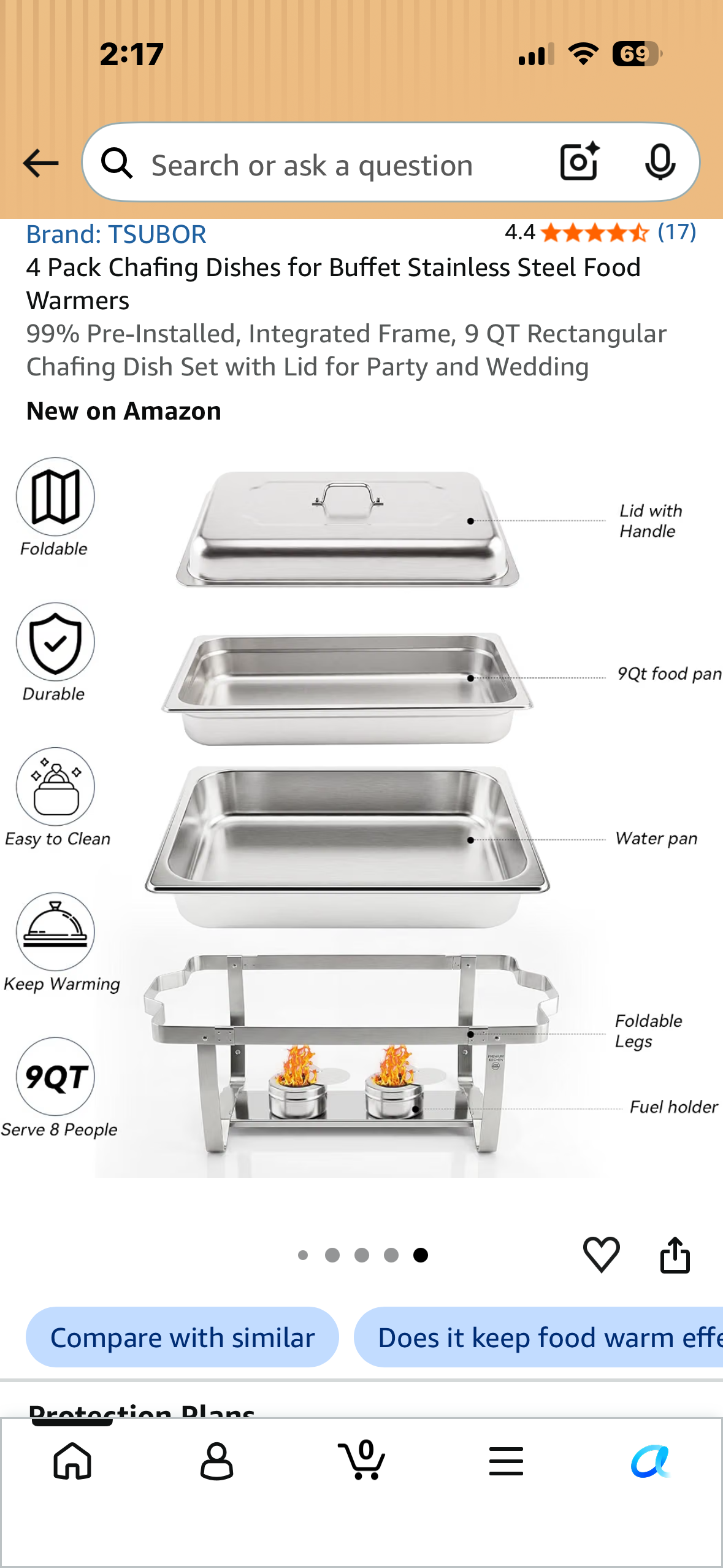 4-Pack Chafing Dishes for Buffet Stainless Steel Food Warmers 99% Pre-Installed, Integrated Frame, 9 QT Rectangular Chafing Dish Set with Lid for Party and Wedding