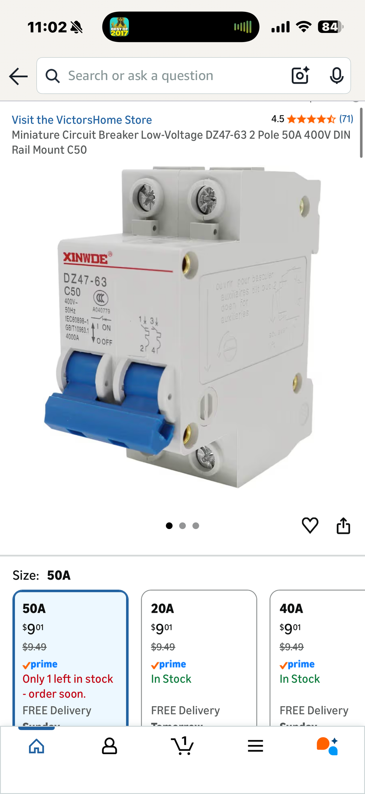 Miniature Circuit Breaker Low-Voltage DZ47-63 2 Pole 50A 400V DIN Rail Mount C50