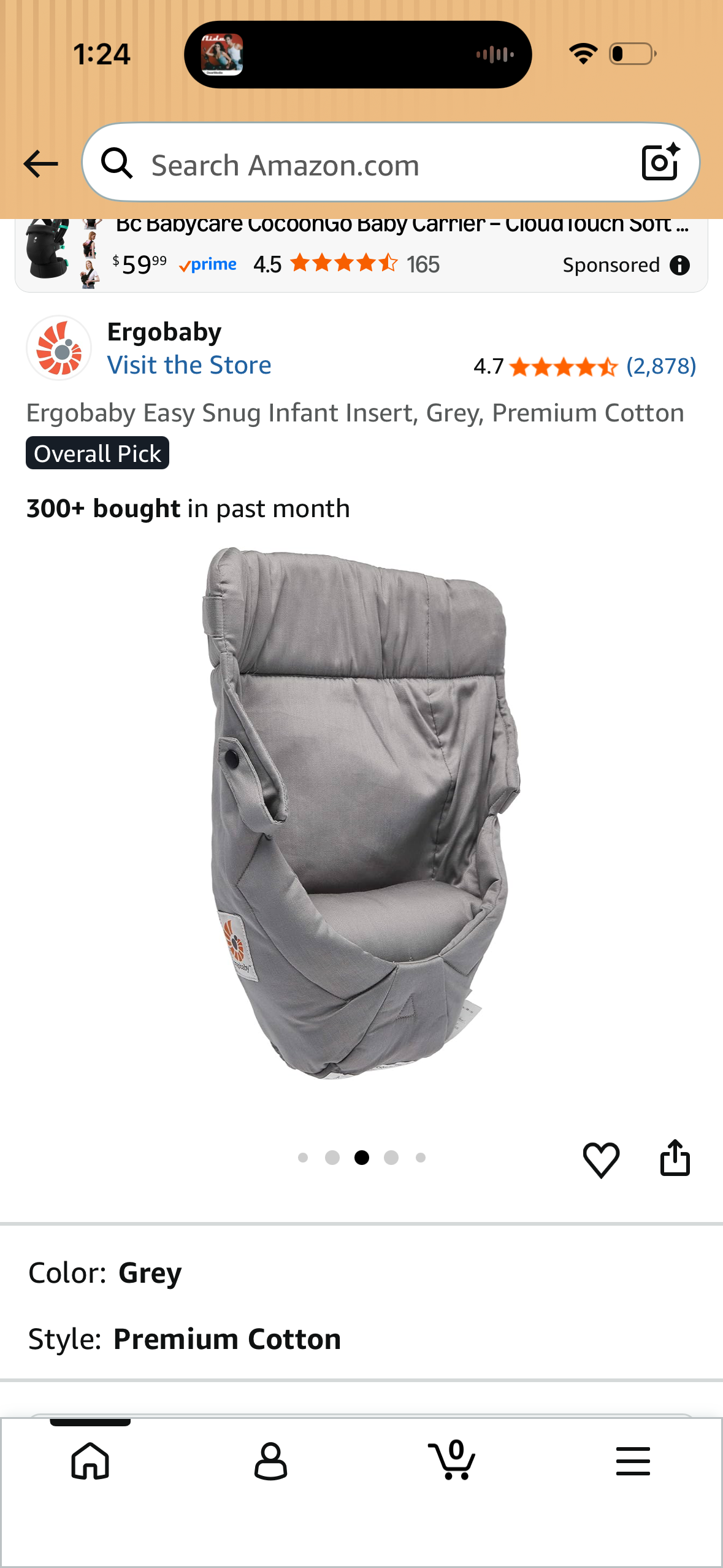 Ergobaby Easy Snug Infant Insert, Grey, Premium Cotton