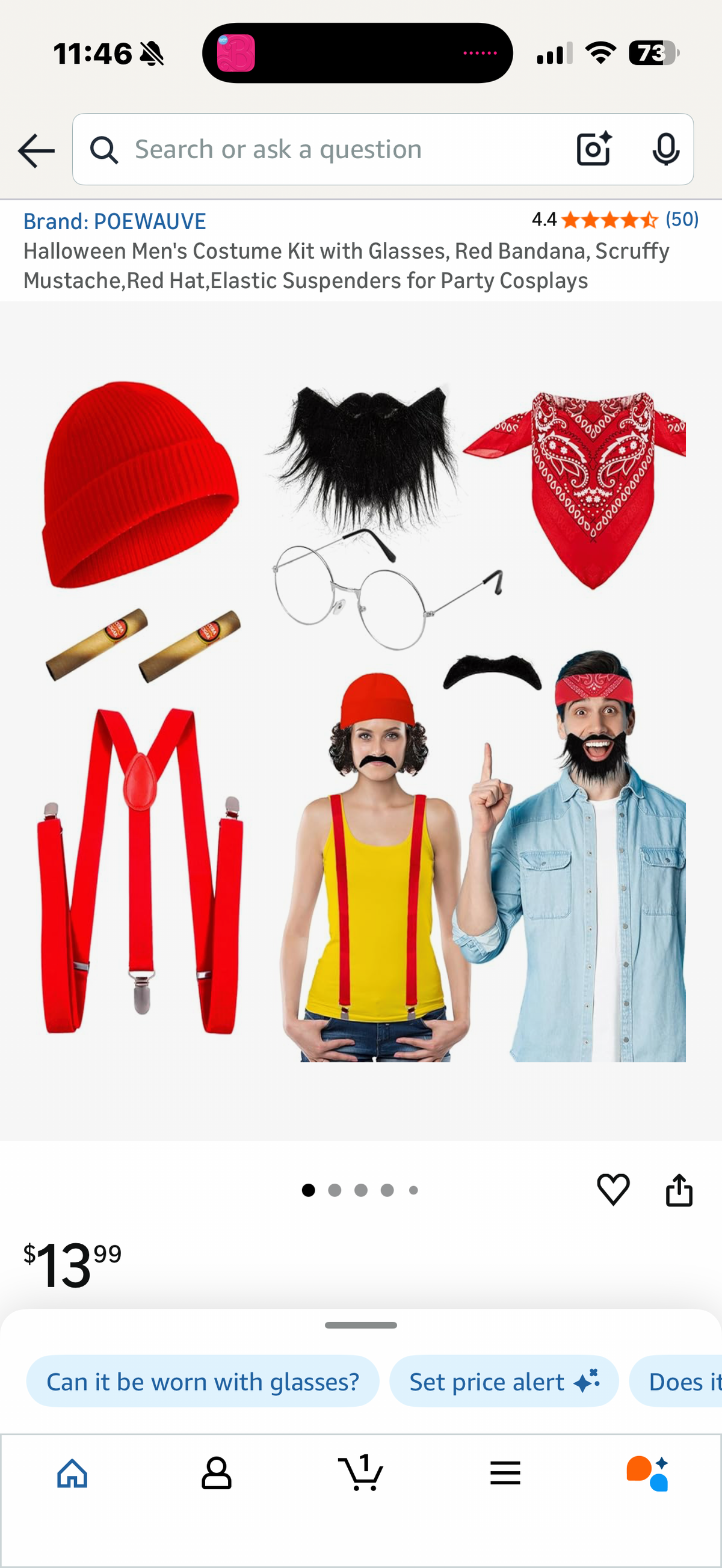 Halloween Men's Costume Kit with Glasses, Red Bandana, Scruffy Mustache,Red Hat,Elastic Suspenders for Party Cosplays