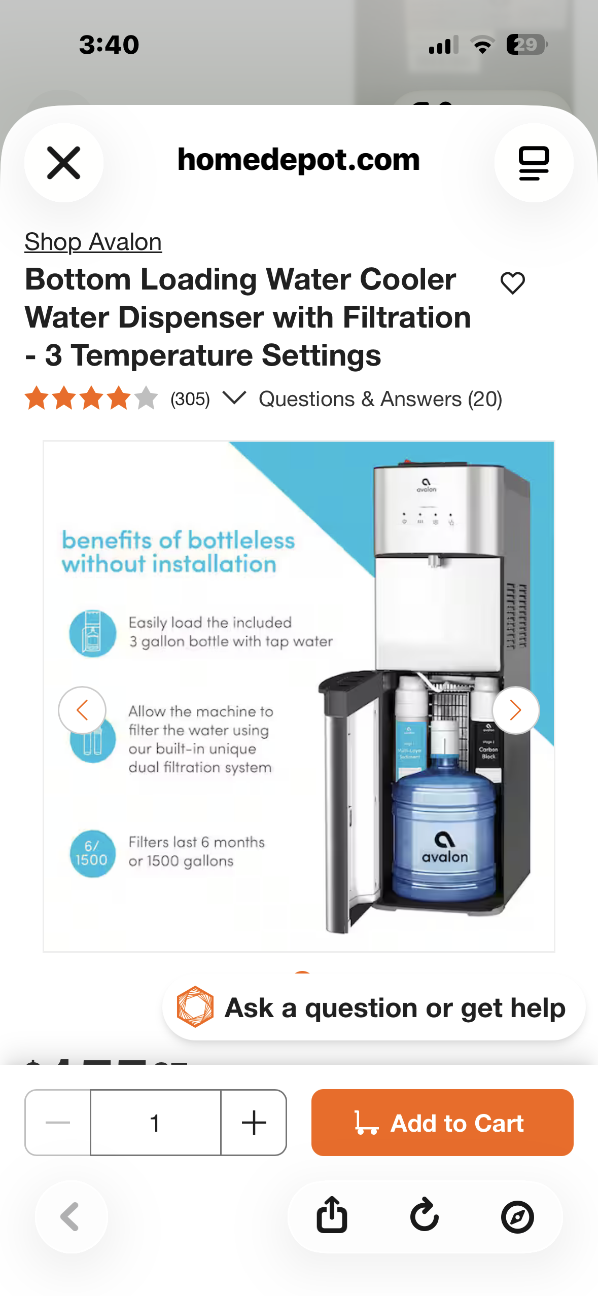 Bottom Loading Water Cooler Water Dispenser with Filtration - 3 Temperature Settings