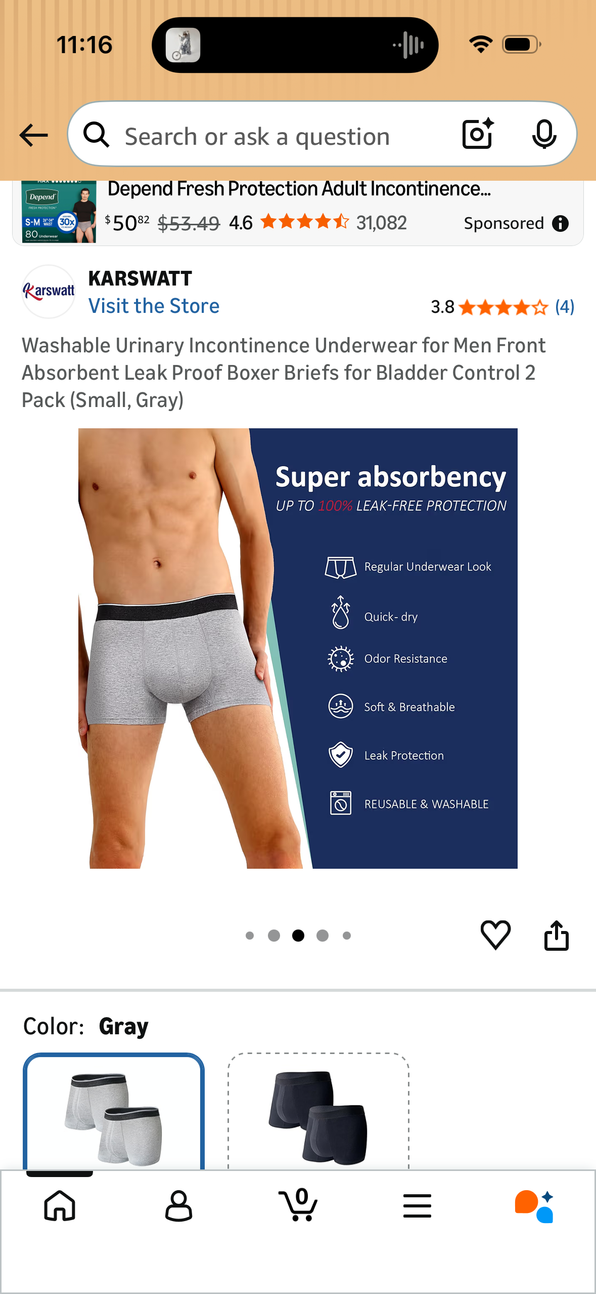 Washable Urinary Incontinence Underwear for Men Front Absorbent Leak Proof Boxer Briefs for Bladder Control 2 Pack (Size Small)