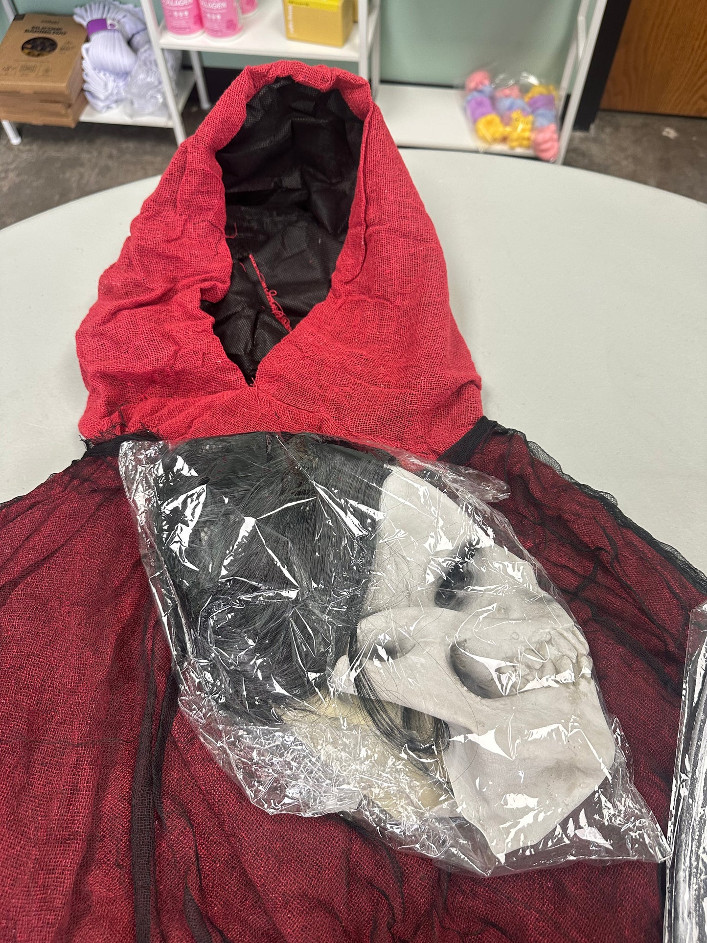 Grim Reaper Costume Red Skull Mask Scythe Hooded Robe (Size Adult M)