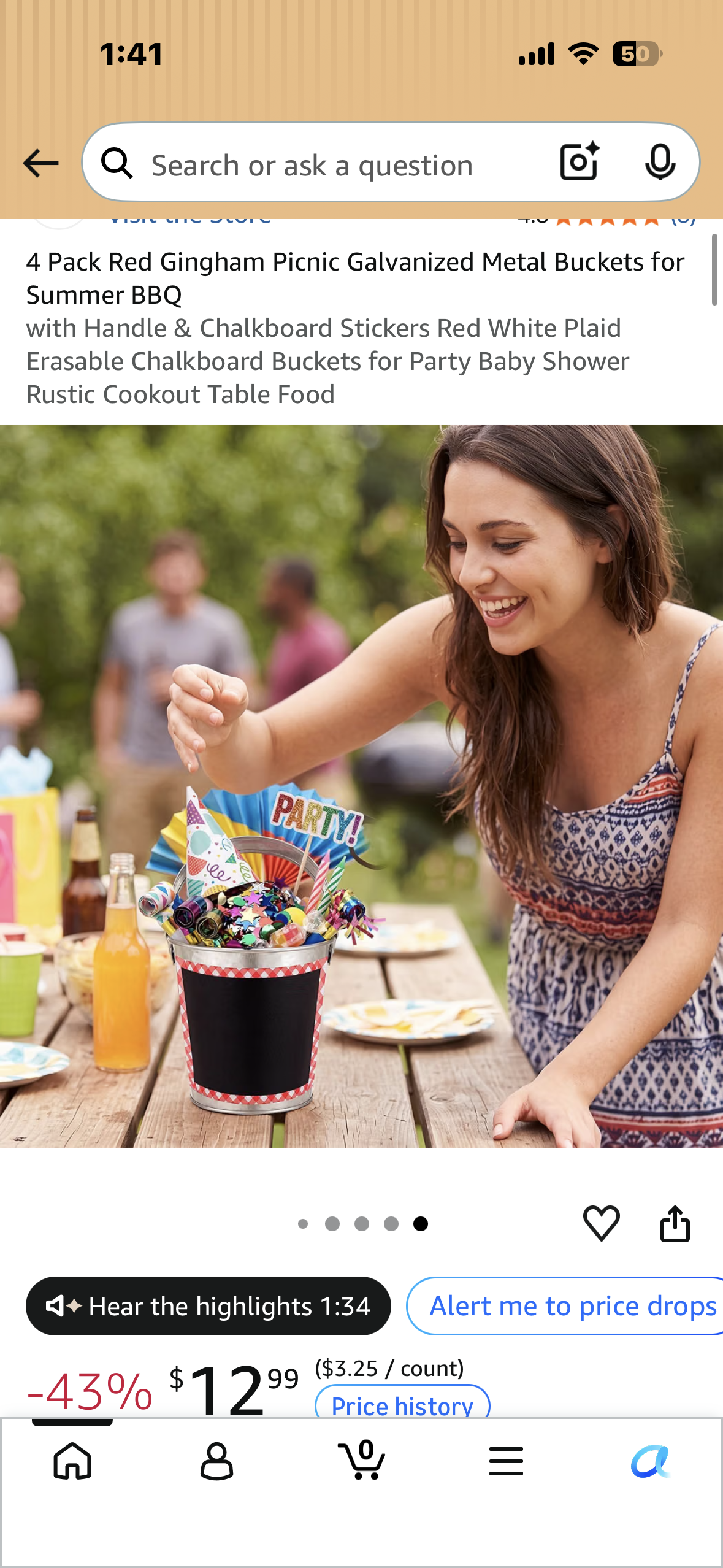 4-Pack Red Gingham Picnic Galvanized Metal Buckets