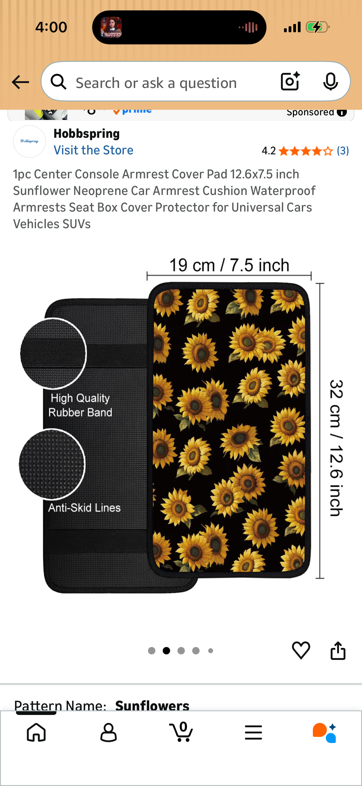 1pc Center Console Armrest Cover Pad 12.6x7.5 inch Sunflower Neoprene Car Armrest Cushion Waterproof Armrests Seat Box Cover Protector for Universal Cars Vehicles SUVs