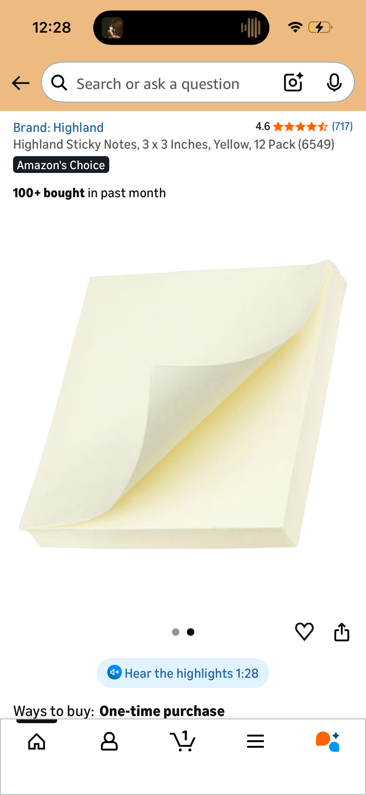 Highland Sticky Notes, 3 x 3 Inches, Yellow, 12 Pack