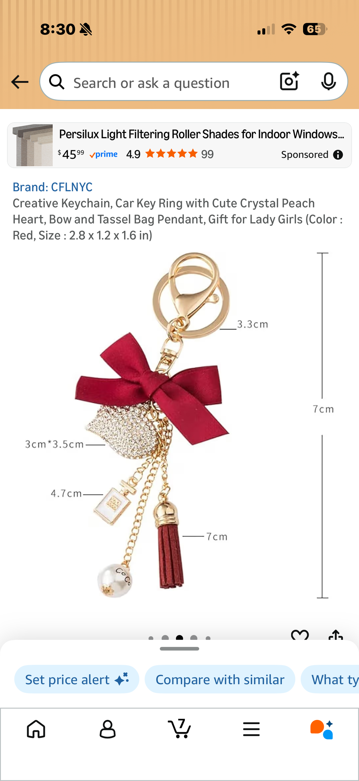 Keychain, Car Key Ring with Cute Crystal Peach Heart, Bow and Tassel Bag Pendant, Gift for Lady Girls (Color : Red, Size : 2.8 x 1.2 x 1.6 in