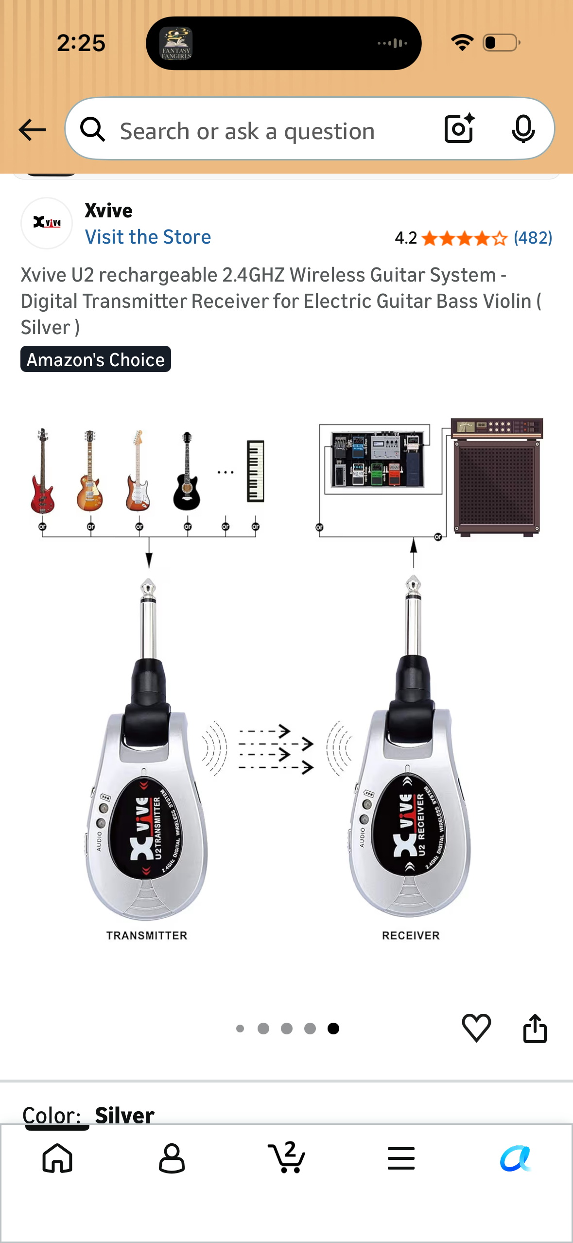 Xvive U2 rechargeable 2.4GHZ Wireless Guitar System - Digital Transmitter Receiver for Electric Guitar Bass Violin ( Silver )