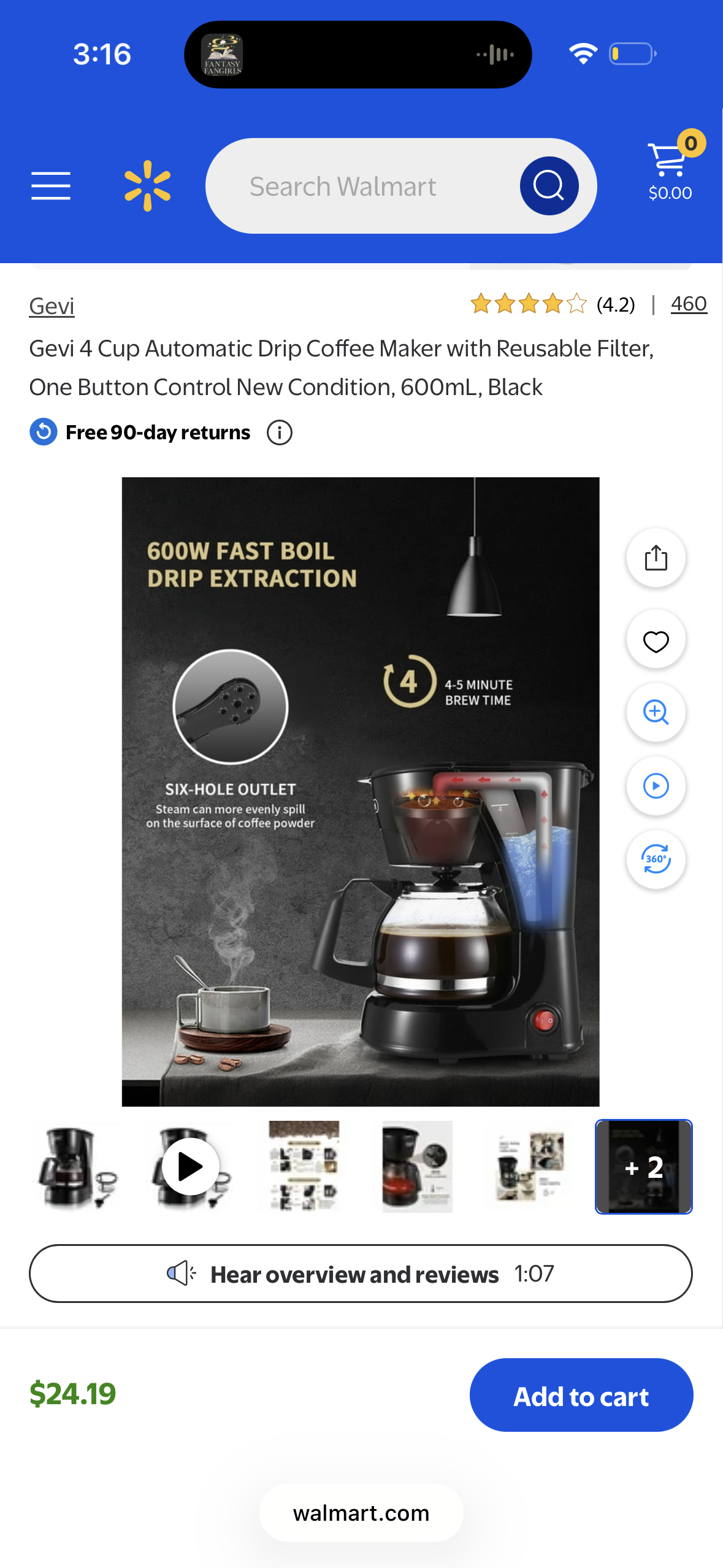 Gevi 4 Cup Automatic Drip Coffee Maker with Reusable Filter, One Button Control New Condition, 600mL, Black