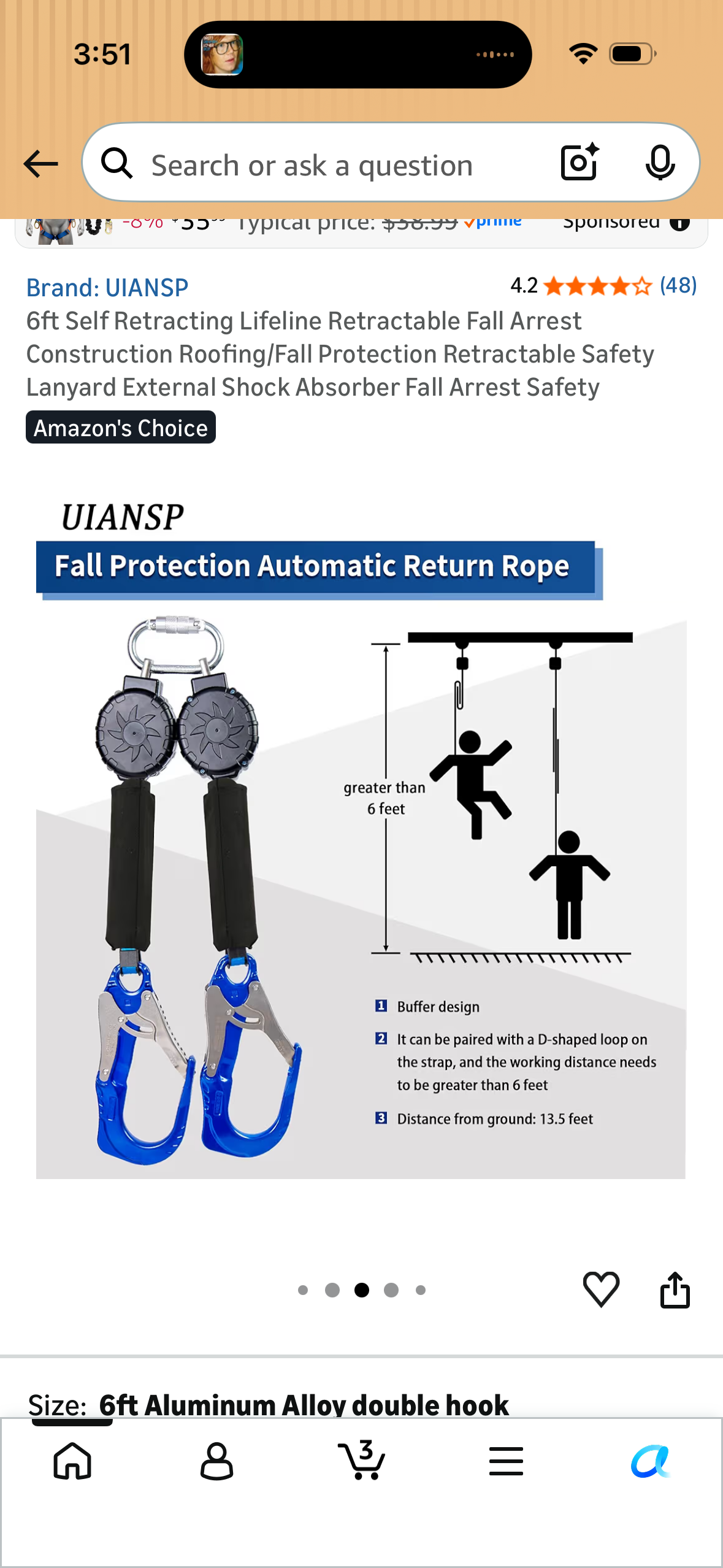 6ft Self Retracting Lifeline Retractable Fall Arrest Construction Roofing/Fall Protection Retractable Safety Lanyard External Shock Absorber Fall Arrest Safety