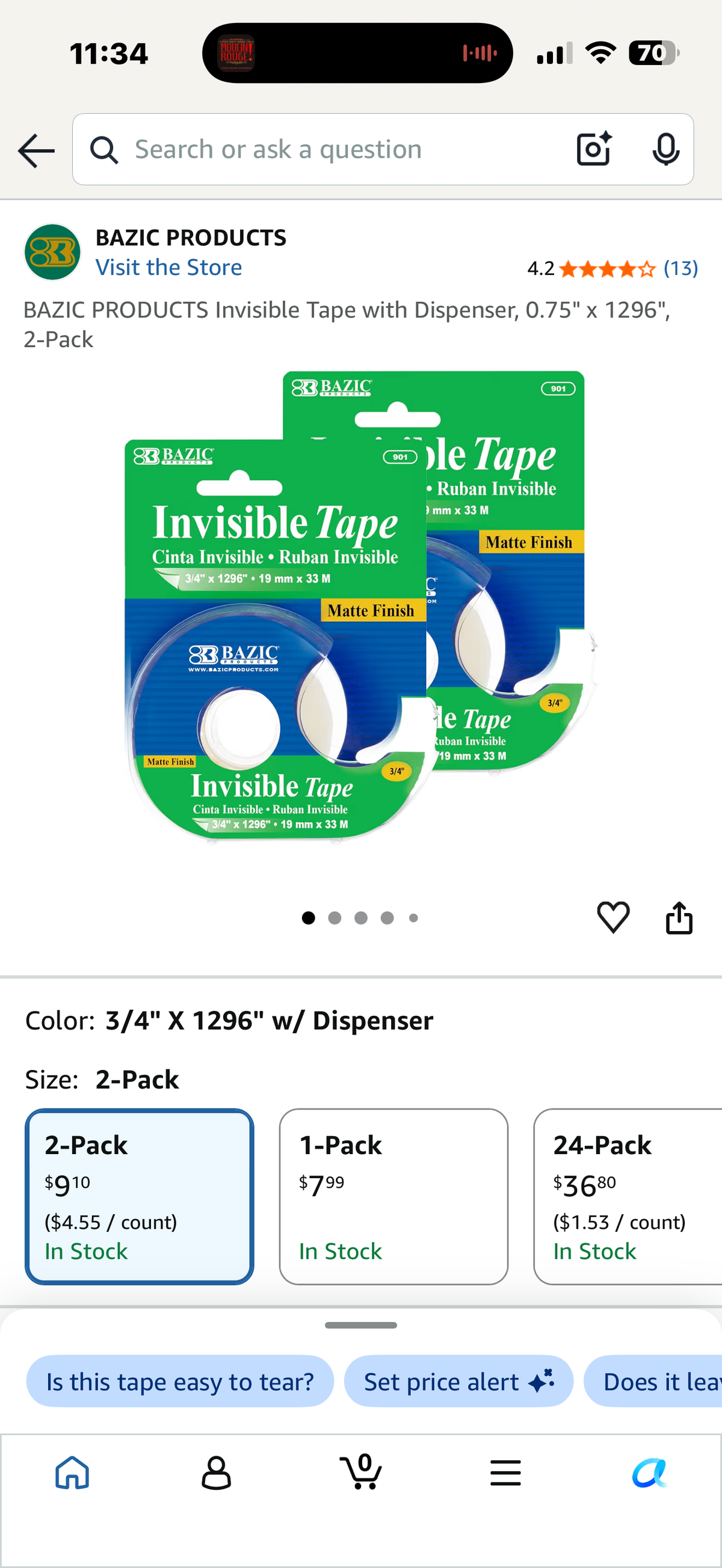 BAZIC PRODUCTS Invisible Tape with Dispenser, 0.75" x 1296", 2-Pack