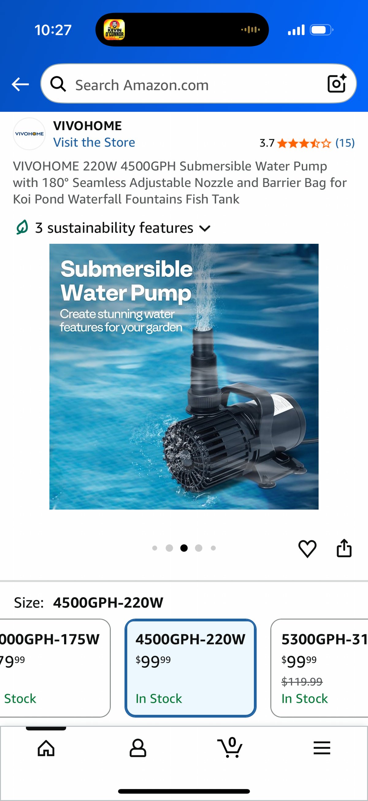 VIVOHOME 220W 4500GPH Submersible Water Pump with 180° Seamless Adjustable Nozzle and Barrier Bag for Koi Pond Waterfall Fountains Fish Tank