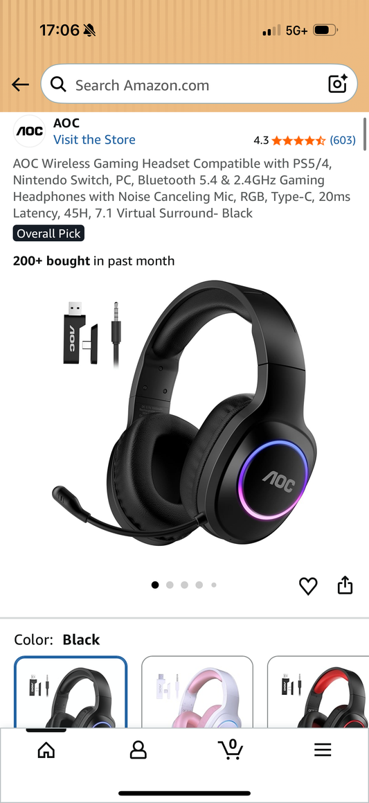 AOC Wireless Gaming Headset Compatible with PS5/4, Nintendo Switch, PC, Bluetooth 5.4 & 2.4GHz Gaming Headphones with Noise Canceling Mic, RGB, Type-C, 20ms Latency, 45H, 7.1 Virtual Surround- Black