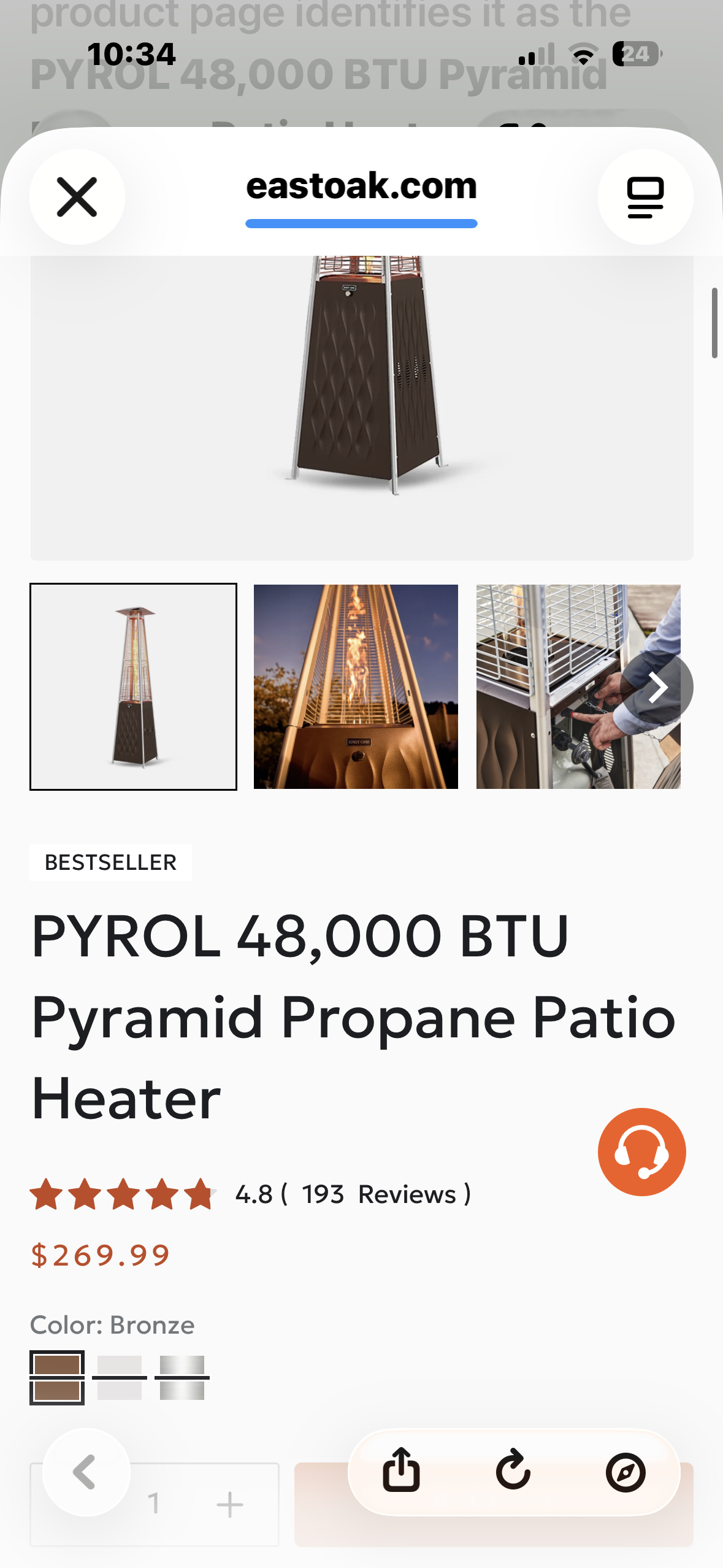 EAST OAK Pyramid Patio Heater, 48,000 BTU Outdoor Heater, Quartz Glass Tube Propane Heater for Commercial & Residential, Triple Protection System With Wheels, Bronze