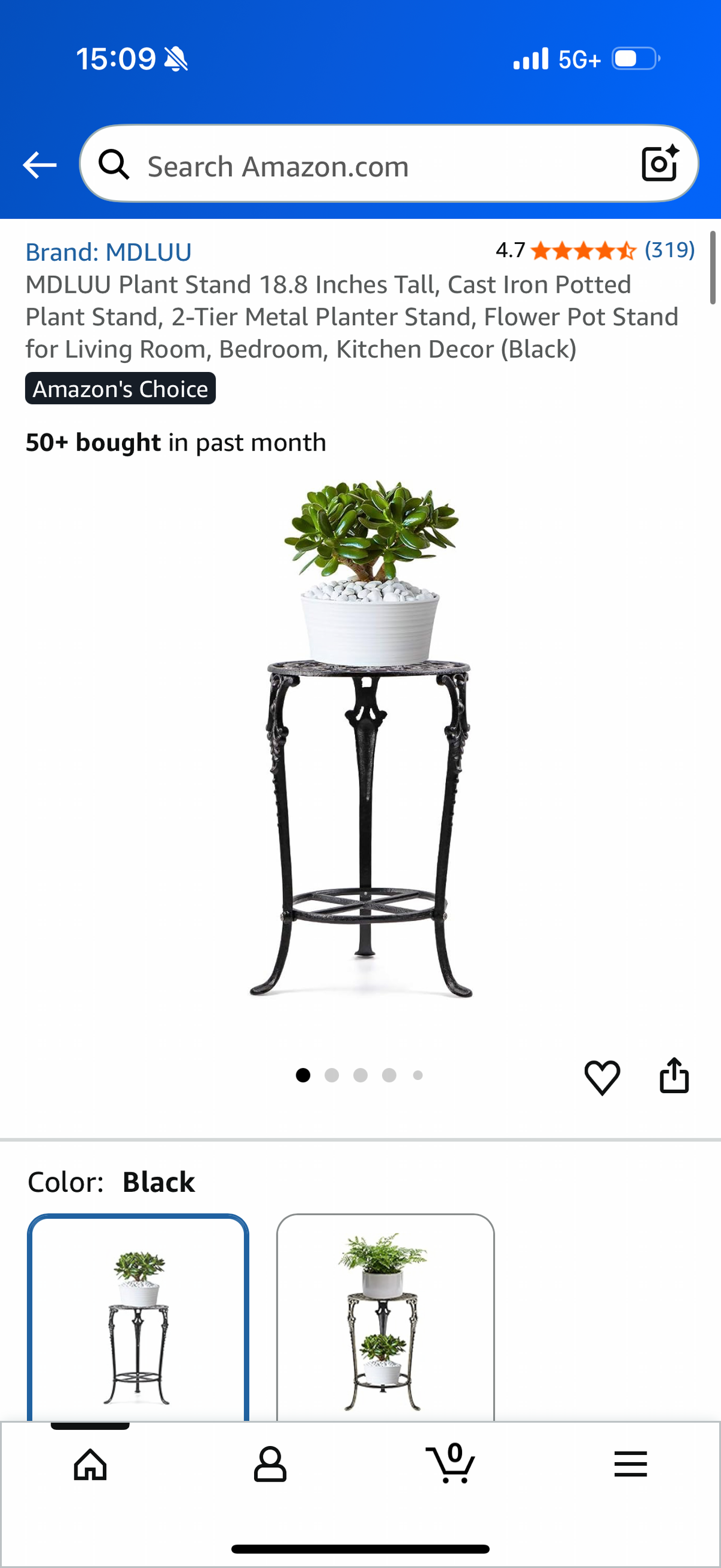 Plant Stand 18.8 Inches Tall, Cast Iron Potted Plant Stand, 2-Tier Metal Planter Stand, Flower Pot Stand for Living Room, Bedroom, Kitchen Decor (Black)